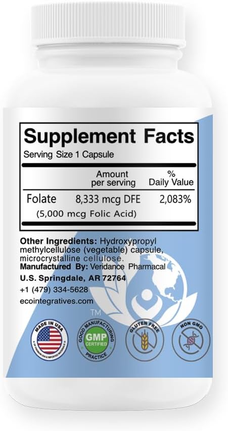 EcoIntegratives Prenatal Folic Acid Folate 5mg Supplement for Reproductive & Cardiovascular Health - 100 Vegan Capsules