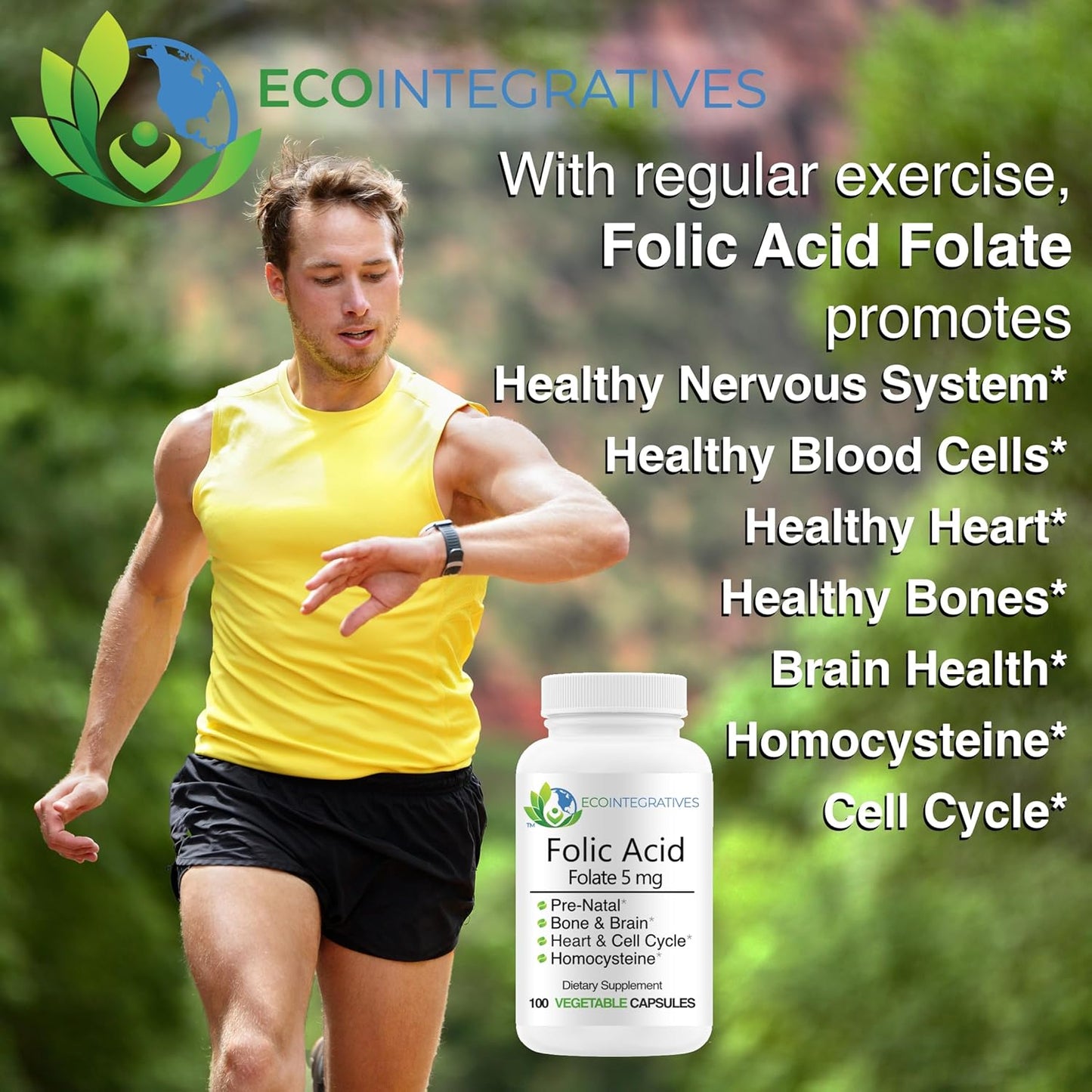 EcoIntegratives Prenatal Folic Acid Folate 5mg Supplement for Reproductive & Cardiovascular Health - 100 Vegan Capsules