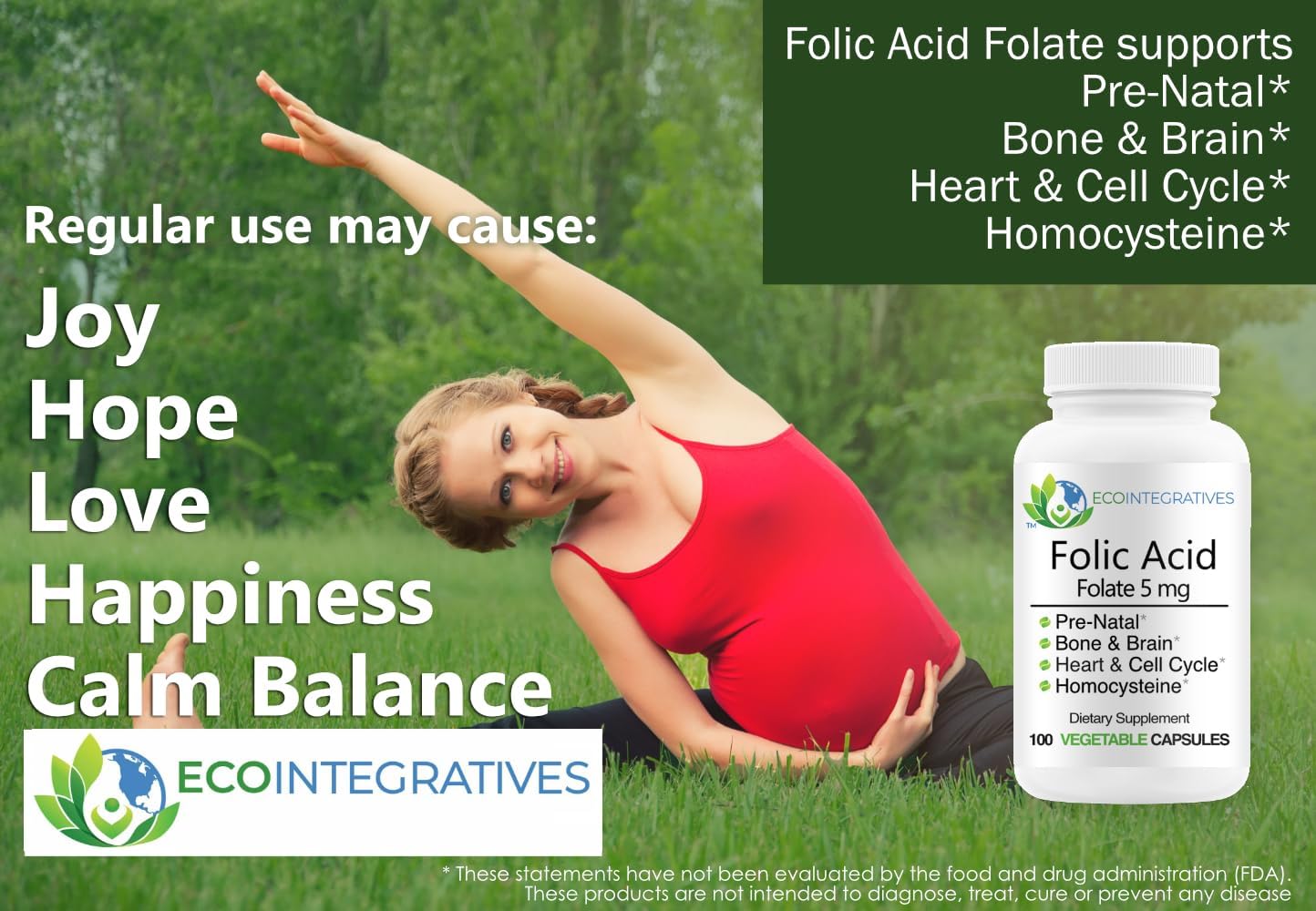 EcoIntegratives Prenatal Folic Acid Folate 5mg Supplement for Reproductive & Cardiovascular Health - 100 Vegan Capsules