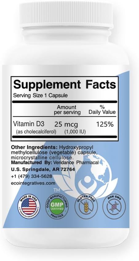 EcoIntegratives Vitamin D3-1000 IU 25 mcg (Cholecalciferol) - Hypoallergenic Support for Health - 250 Veggie Capsules