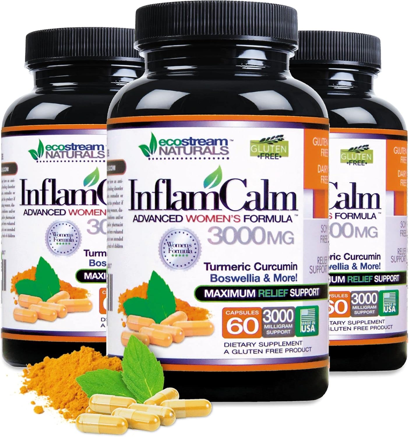Ecostream Naturals Women's Formula 3000 InflamCalm Advanced Supplement with Turmeric, Curcumin, Enzymes, and Boswellia - Vegetarian, Gluten Free