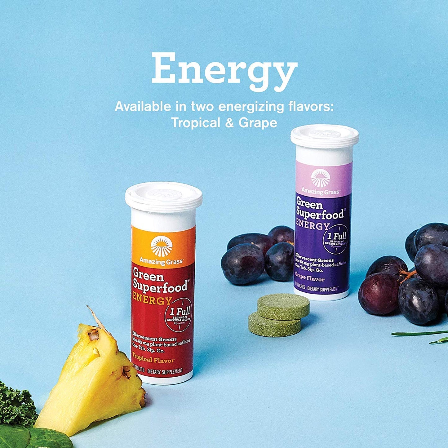 Effervescent Energy Tablets with Green Tea Caffeine & Antioxidants - 30 Tablets, Tropical Flavor - Nootropic Support