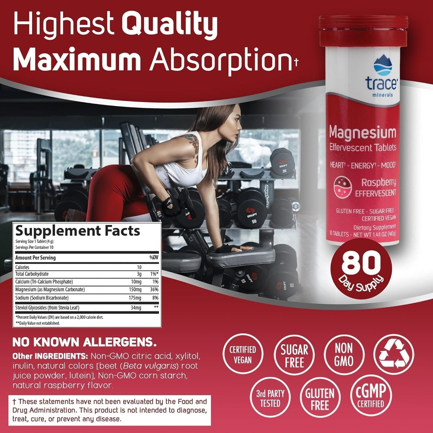 Effervescent Raspberry Magnesium Supplement for Heart Health, Energy, and Sleep - Gluten-Free Trace Minerals - 8 Tubes (80 Servings)