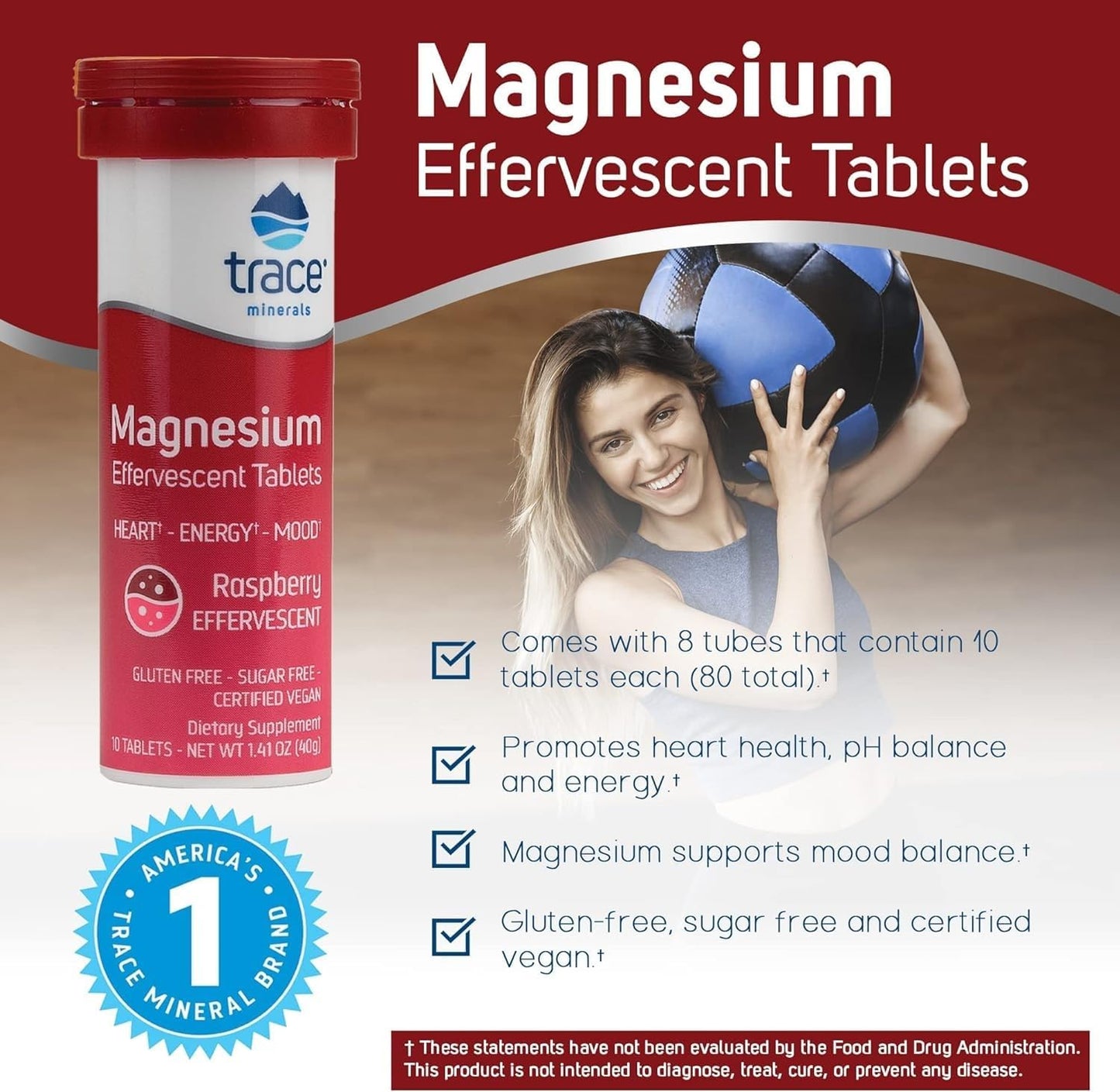 Effervescent Raspberry Magnesium Supplement for Heart Health, Energy, and Sleep - Gluten-Free Trace Minerals - 8 Tubes (80 Servings)