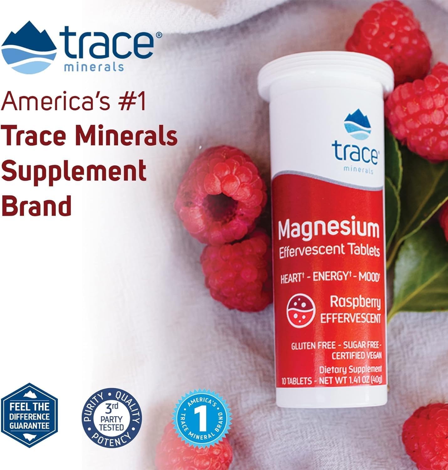 Effervescent Raspberry Magnesium Supplement for Heart Health, Energy, and Sleep - Gluten-Free Trace Minerals - 8 Tubes (80 Servings)
