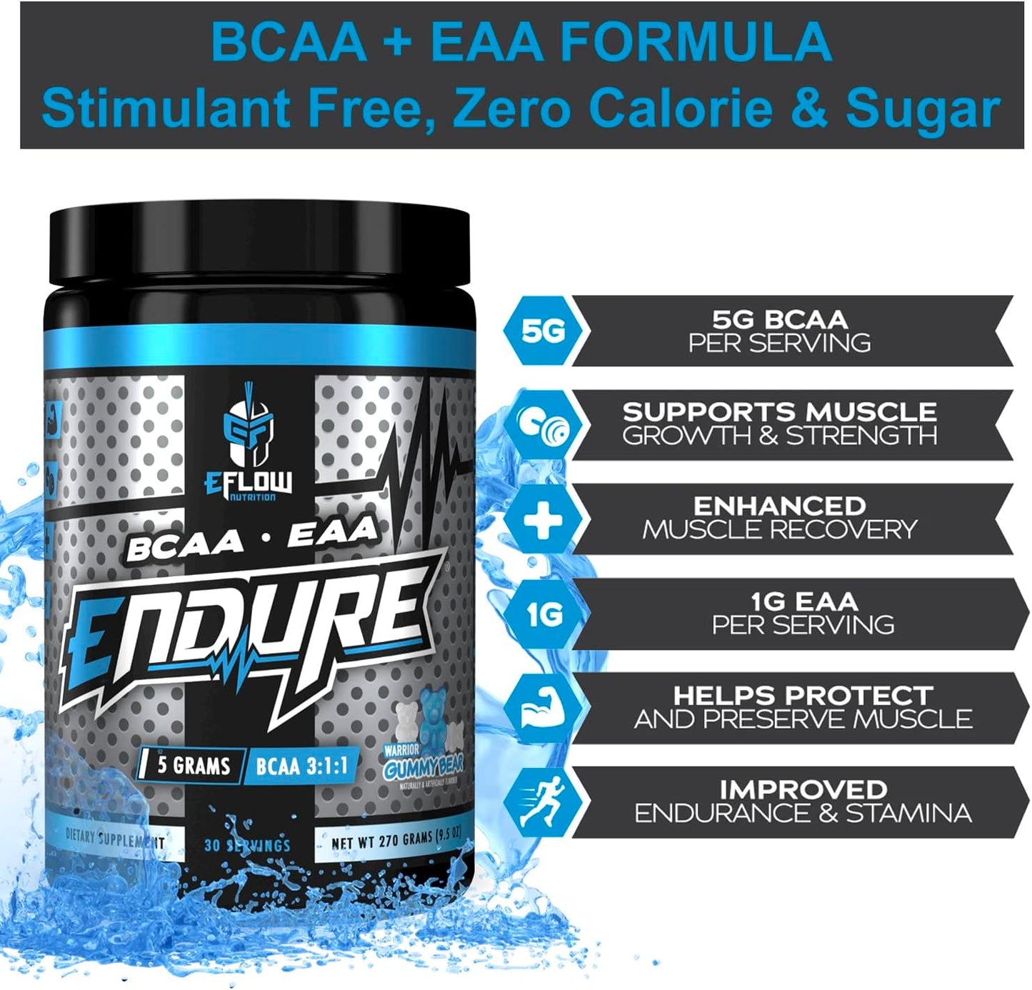 eFlow Nutrition Endure BCAA Plus EAA Powder - Warrior Gummy Bear Flavor - Intra Workout Supplement for Energy, Recovery, Performance - Electrolytes Included - 30 Servings