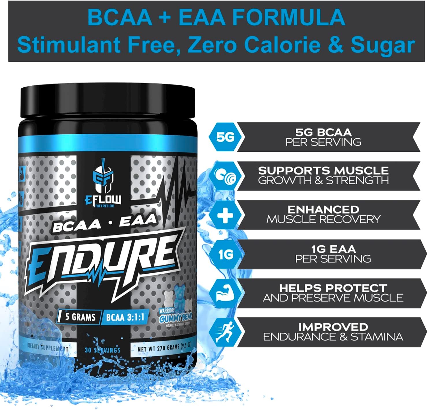 eFlow Nutrition Endure BCAA Plus EAA Powder - Warrior Gummy Bear Flavor - Intra Workout Supplement for Energy, Recovery, Performance - Electrolytes Included - 30 Servings