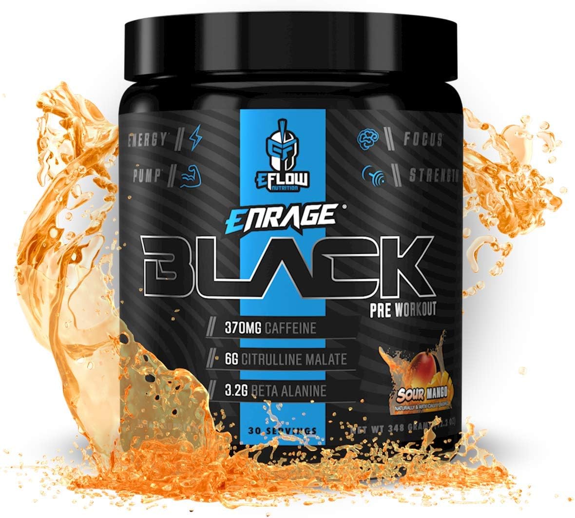 eFlow Nutrition Enrage Black Pre Workout Powder - High Stimulant Supplement for Energy, Pumps, Strength - Sour Mango Flavor - 30 Servings