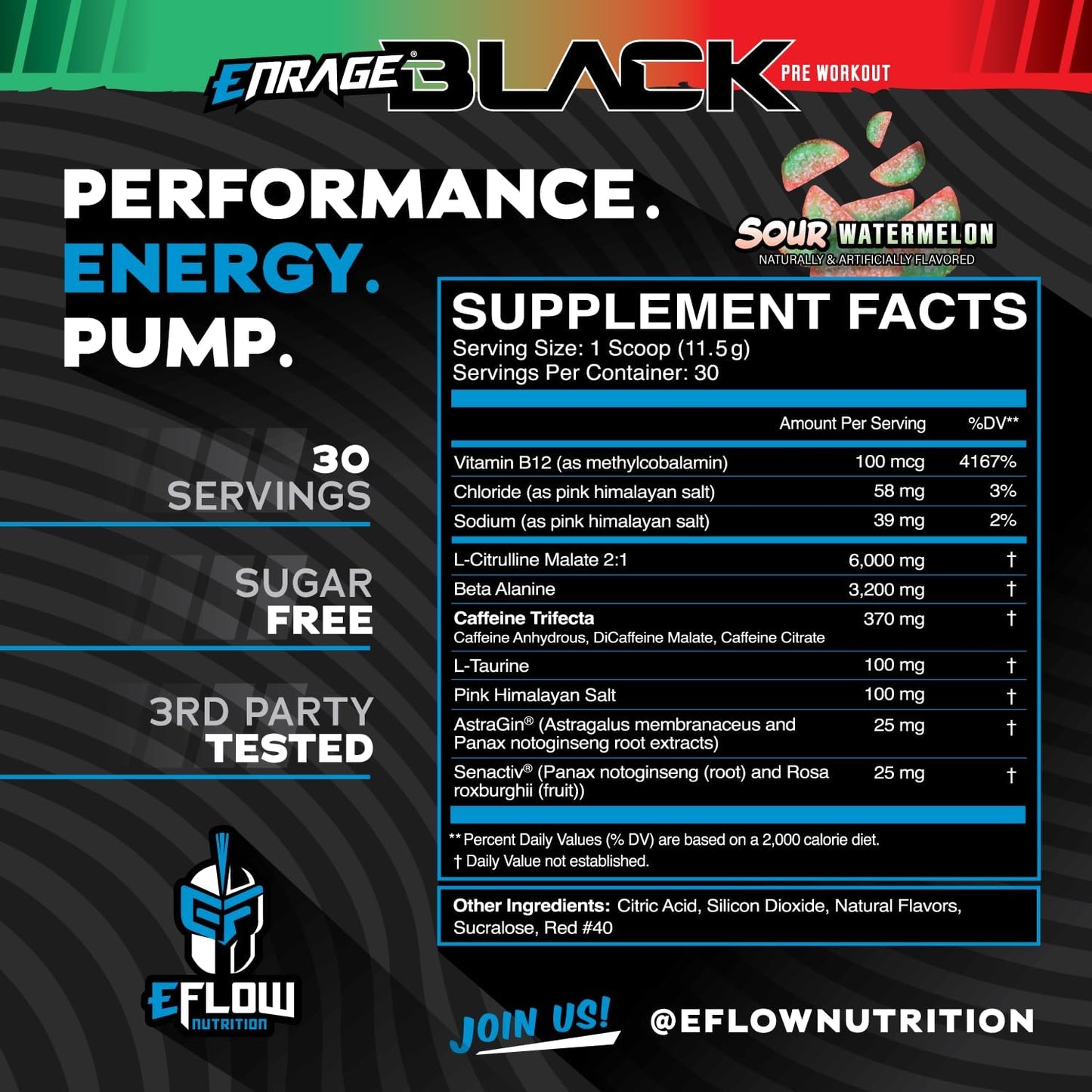 eFlow Nutrition Enrage Black Pre Workout Powder - High Stimulant Supplement for Energy, Pumps, & Strength - Sour Watermelon Flavor - 30 Servings