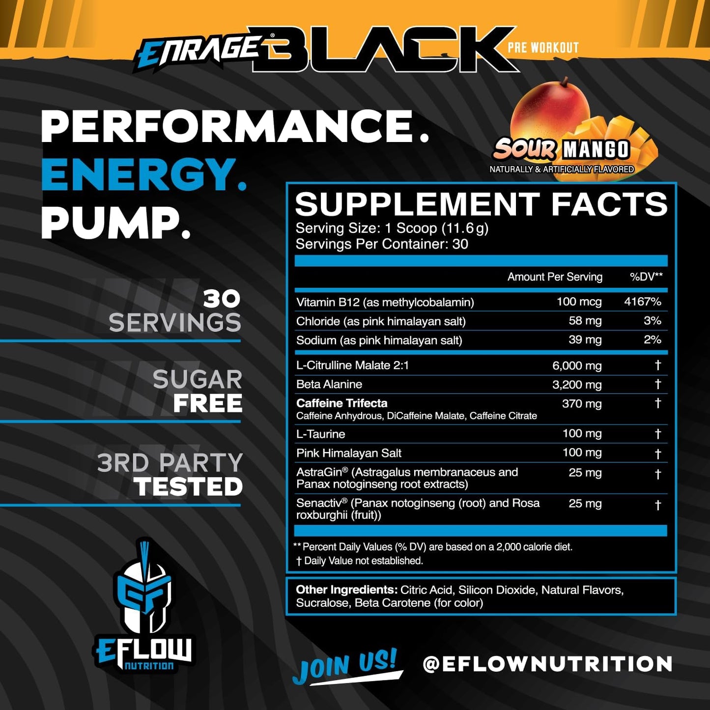 eFlow Nutrition Enrage Black Pre Workout Powder - High Stimulant Supplement for Energy, Pumps, Strength - Sour Mango Flavor - 30 Servings
