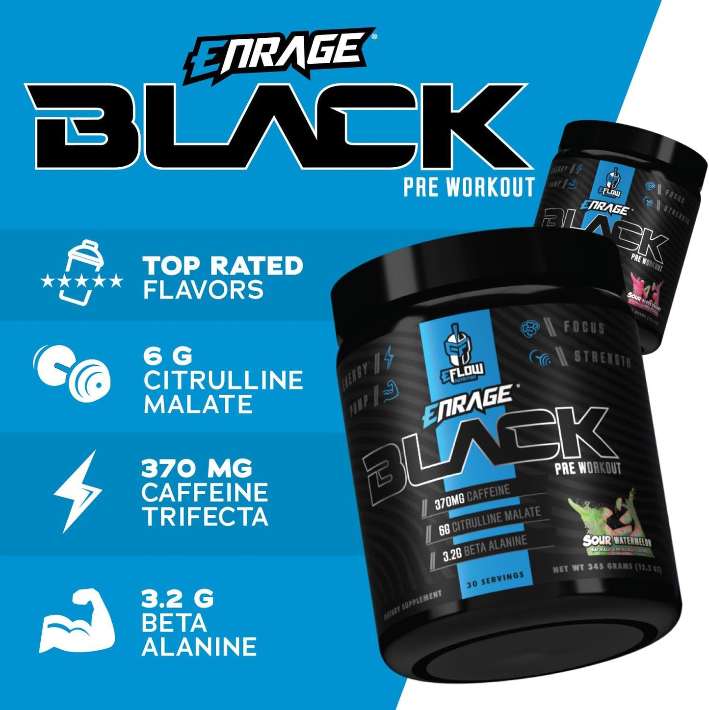 eFlow Nutrition Enrage Black Pre Workout Powder - High Stimulant Supplement for Energy, Pumps, Strength - Sour Mango Flavor - 30 Servings