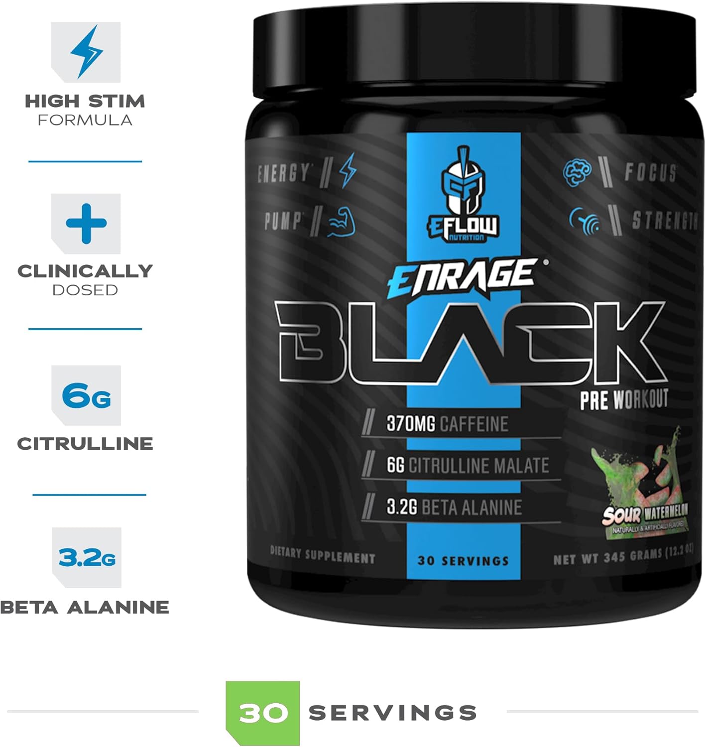 eFlow Nutrition Enrage Black Pre Workout Powder - High Stimulant Supplement for Energy, Pumps, & Strength - Sour Watermelon Flavor - 30 Servings