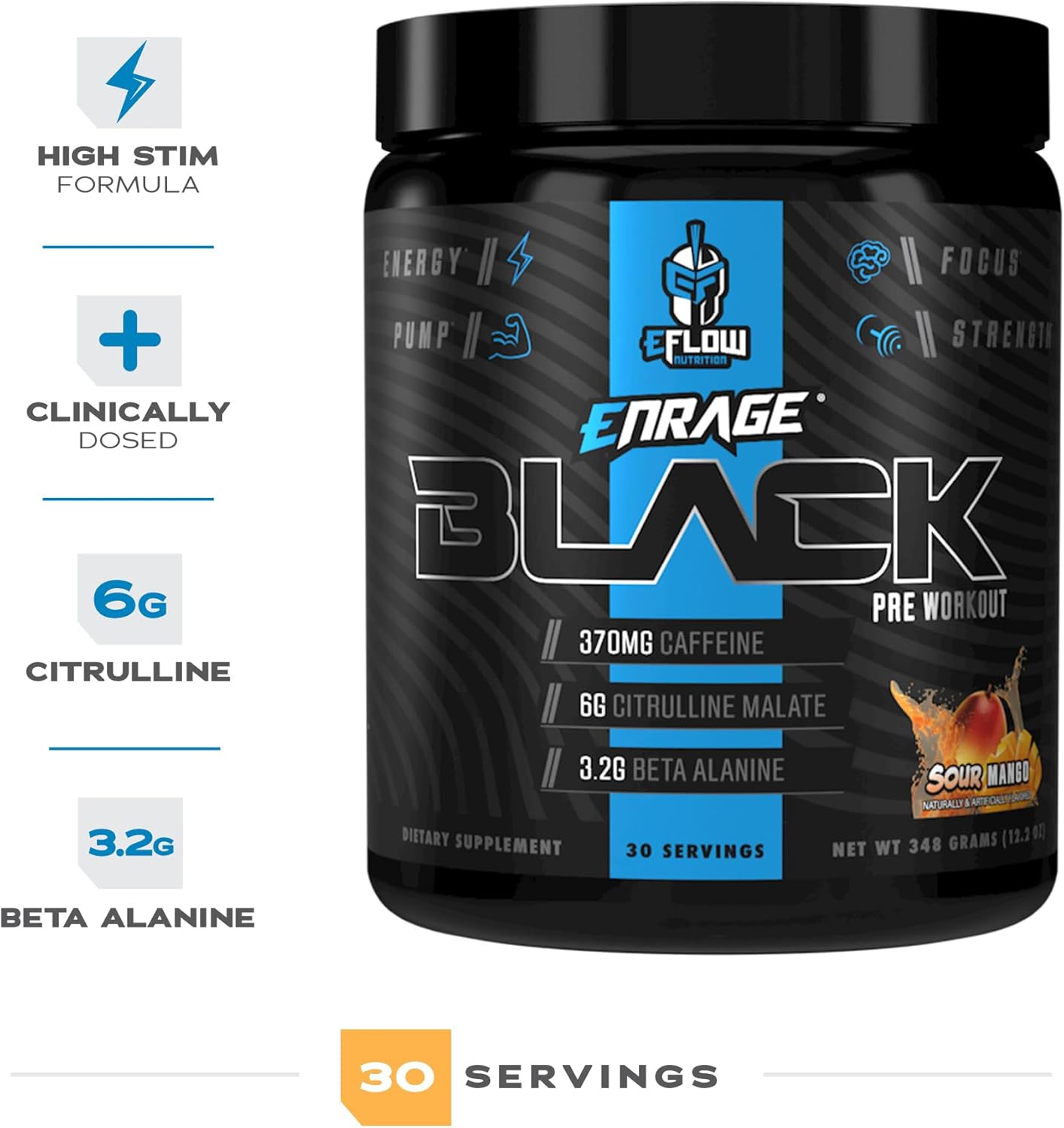 eFlow Nutrition Enrage Black Pre Workout Powder - High Stimulant Supplement for Energy, Pumps, Strength - Sour Mango Flavor - 30 Servings