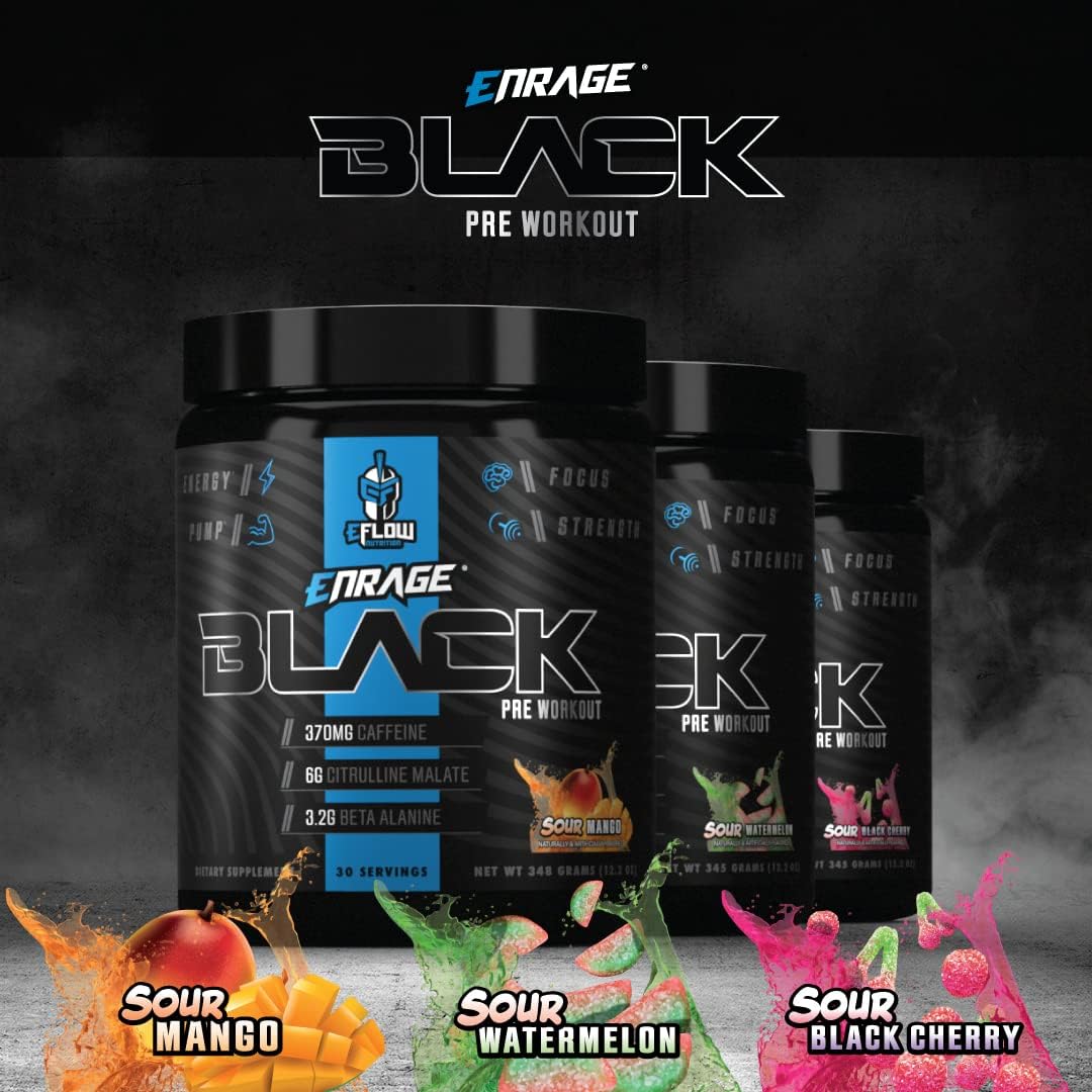 eFlow Nutrition Enrage Black Pre Workout Powder - High Stimulant Supplement for Energy, Pumps, Strength - Sour Mango Flavor - 30 Servings