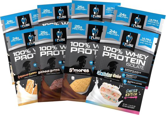 eFlow Nutrition Whey Protein Isolate Powder Variety Pack - Low Calorie, Fast Digesting, Premium Quality, Travel Size, Low Carb (8 Pack)
