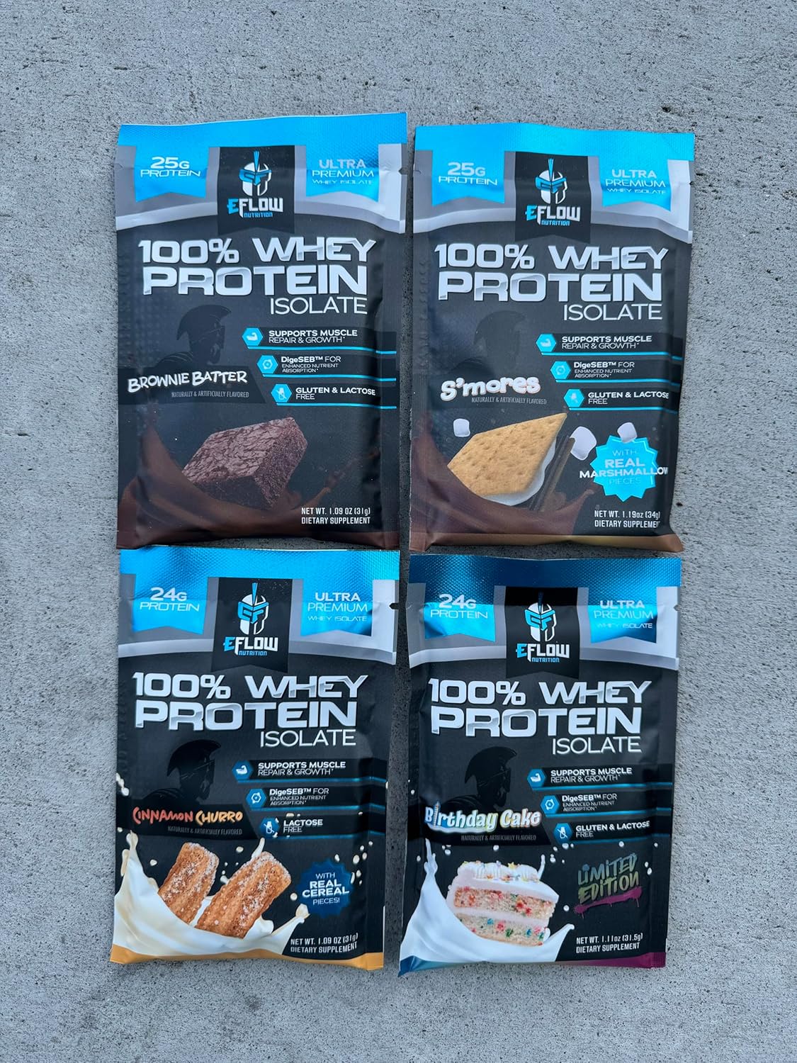 eFlow Nutrition Whey Protein Isolate Sample Pack - Low Calorie, Fast-digesting, Premium Quality, Travel-friendly, Low Carb Protein Powder - 4 Pack