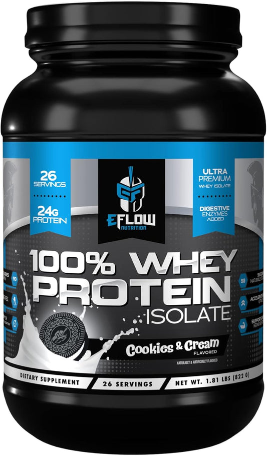 eFlow Nutrition Whey Protein Isolate with Digestive Enzymes - Lactose-Free, Low Carb, Fast Digesting for Muscle Recovery - Cookies & Cream (26 Servings)