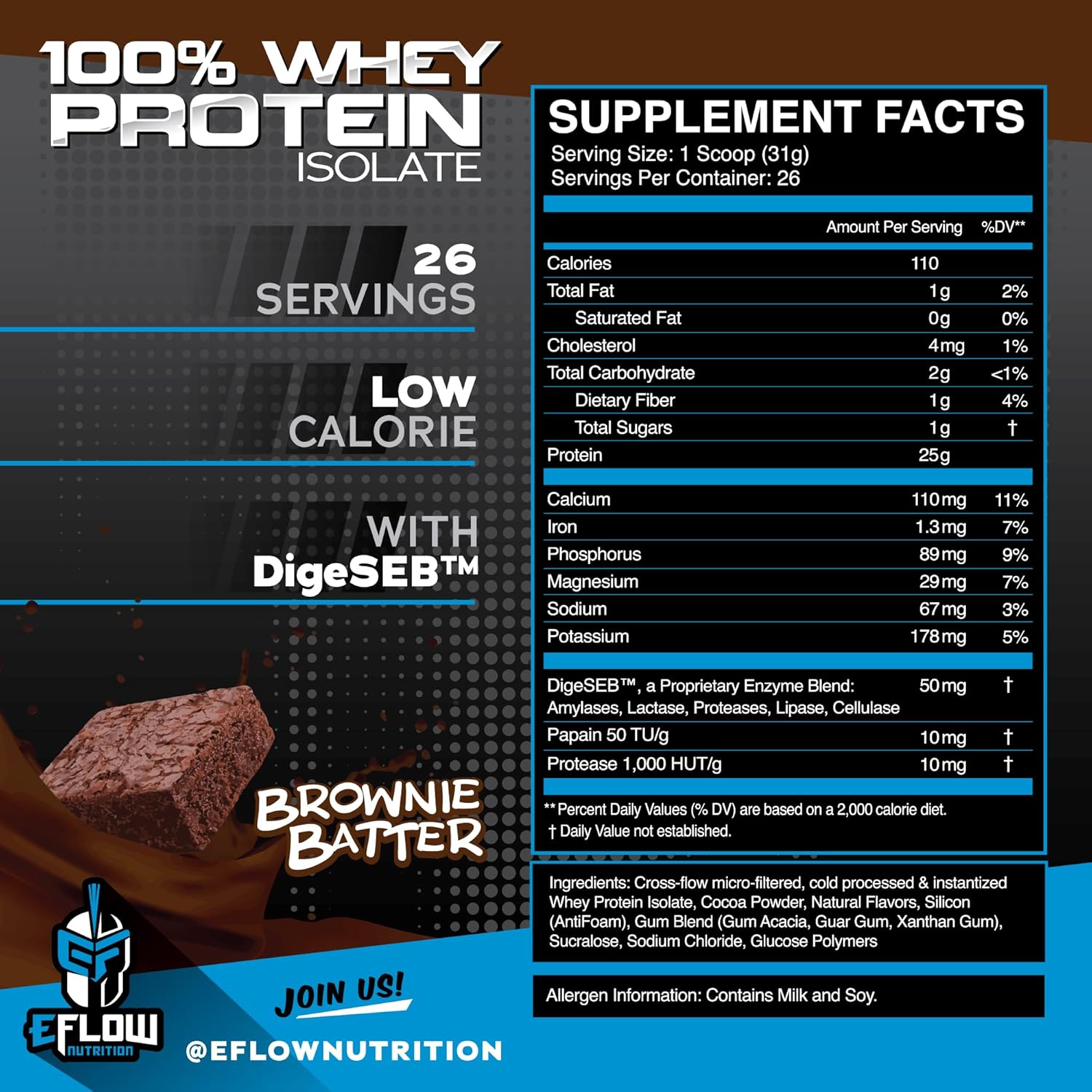eFlow Nutrition Whey Protein Isolate with Digestive Enzymes - Gluten & Lactose-Free, Low Carb Post Workout Shake for Muscle Recovery - Brownie Batter (26 Servings)