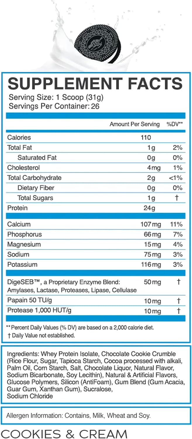 eFlow Nutrition Whey Protein Isolate with Digestive Enzymes - Lactose-Free, Low Carb, Fast Digesting for Muscle Recovery - Cookies & Cream (26 Servings)