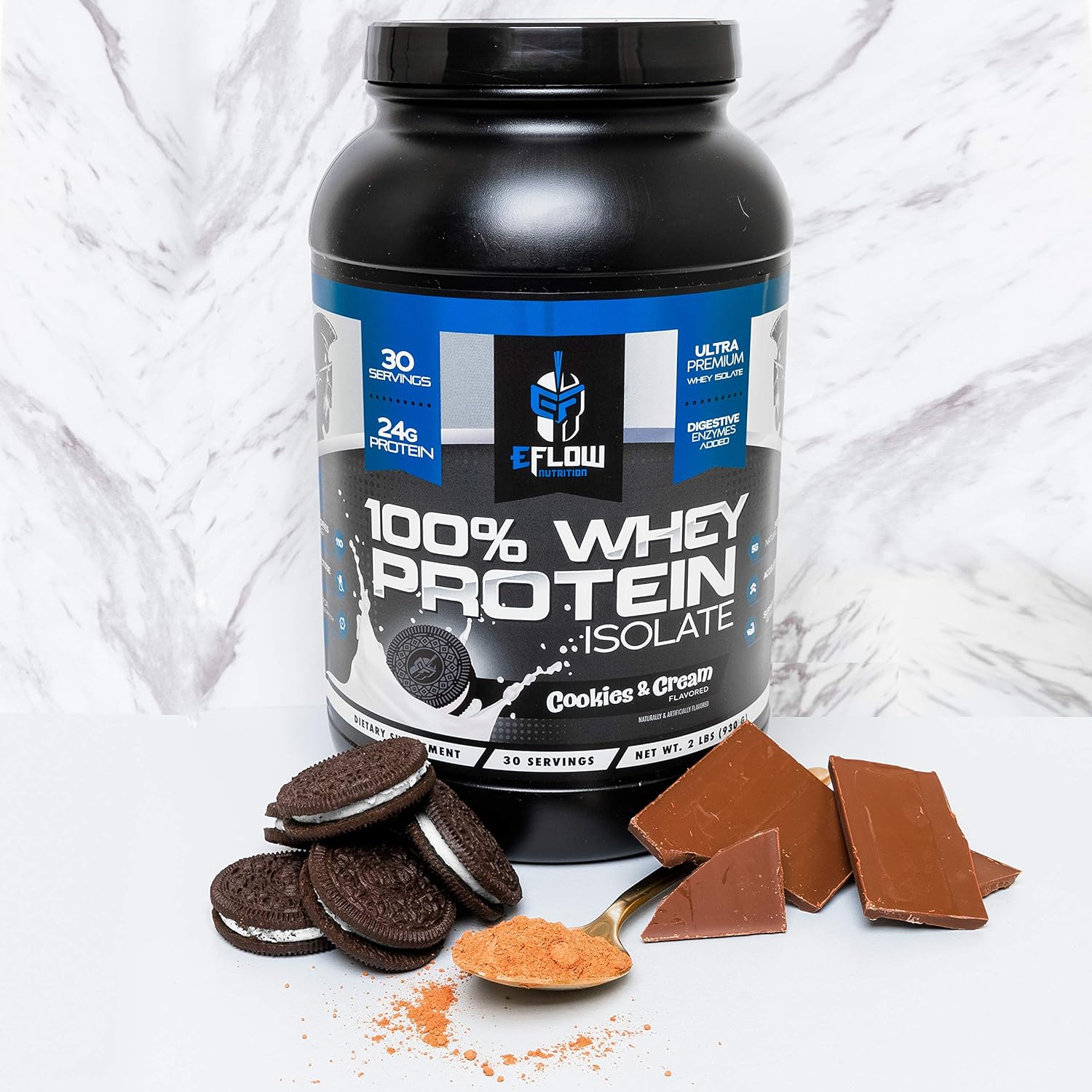 eFlow Nutrition Whey Protein Isolate with Digestive Enzymes - Lactose-Free, Low Carb, Fast Digesting for Muscle Recovery - Cookies & Cream (26 Servings)