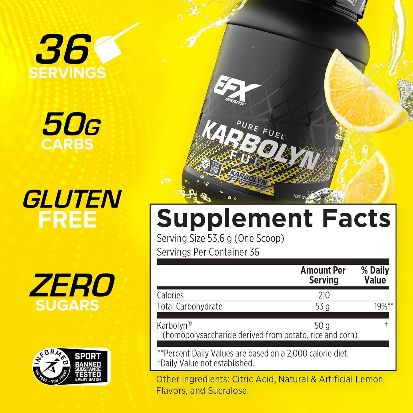 EFX Sports Karbolyn Fuel Lemon Ice Powder - Carb Load for Sustained Energy & Recovery - Stimulant-Free, 36 Servings