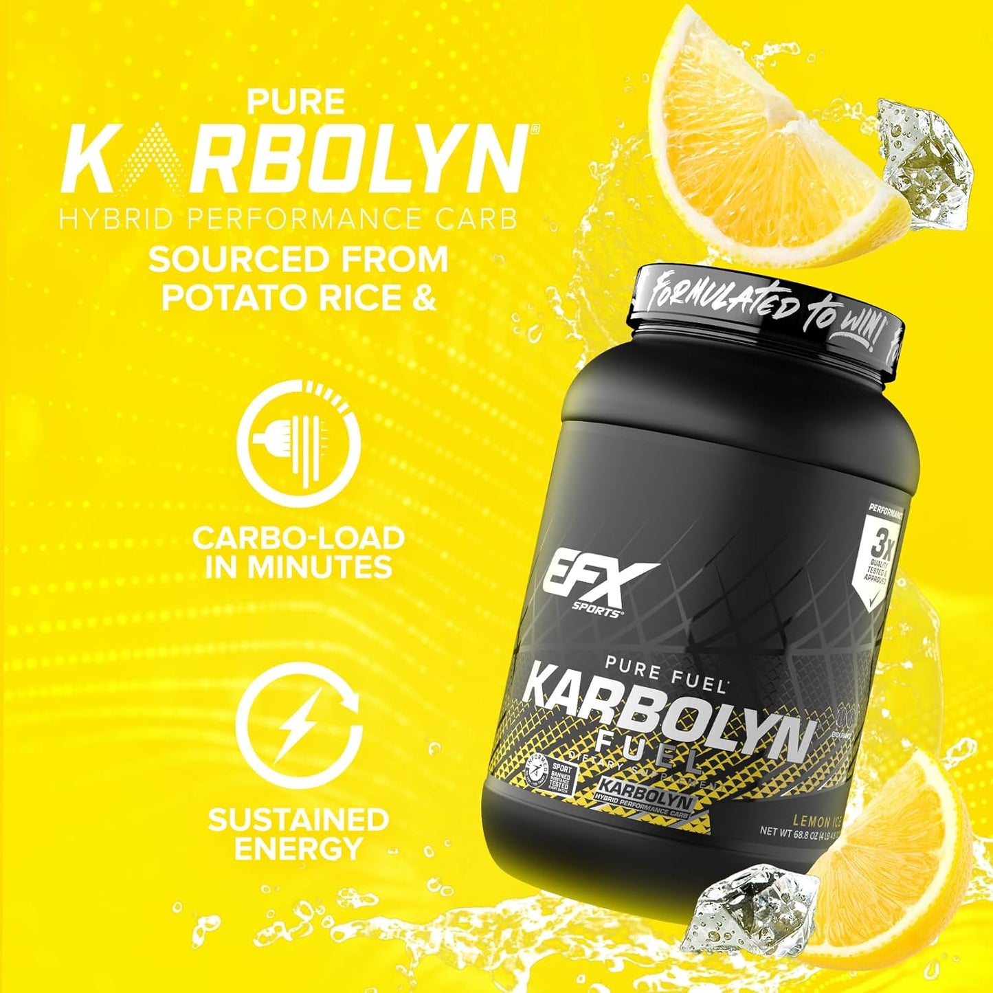 EFX Sports Karbolyn Fuel Lemon Ice Powder - Carb Load for Sustained Energy & Recovery - Stimulant-Free, 36 Servings