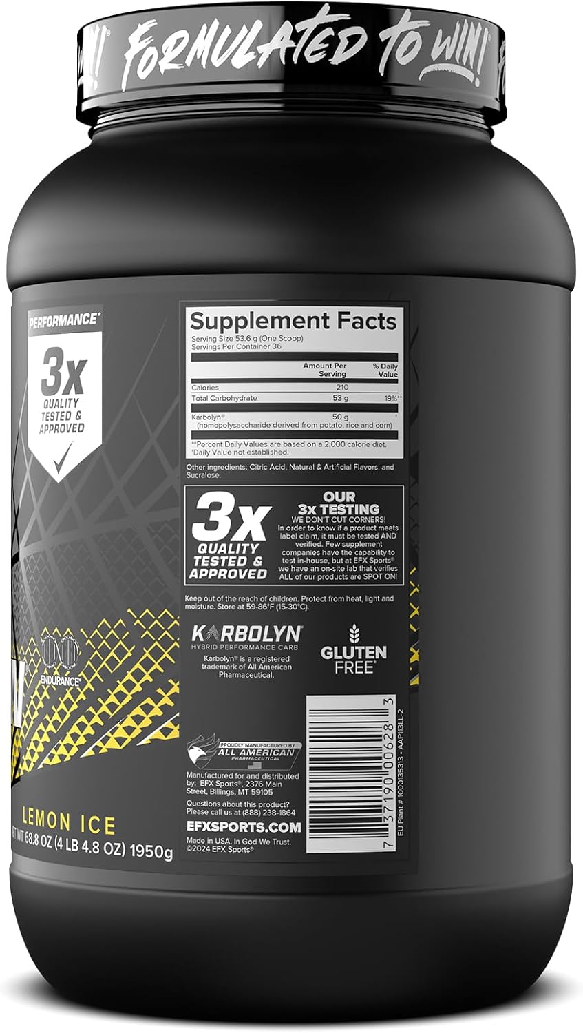 EFX Sports Karbolyn Fuel Lemon Ice Powder - Carb Load for Sustained Energy & Recovery - Stimulant-Free, 36 Servings
