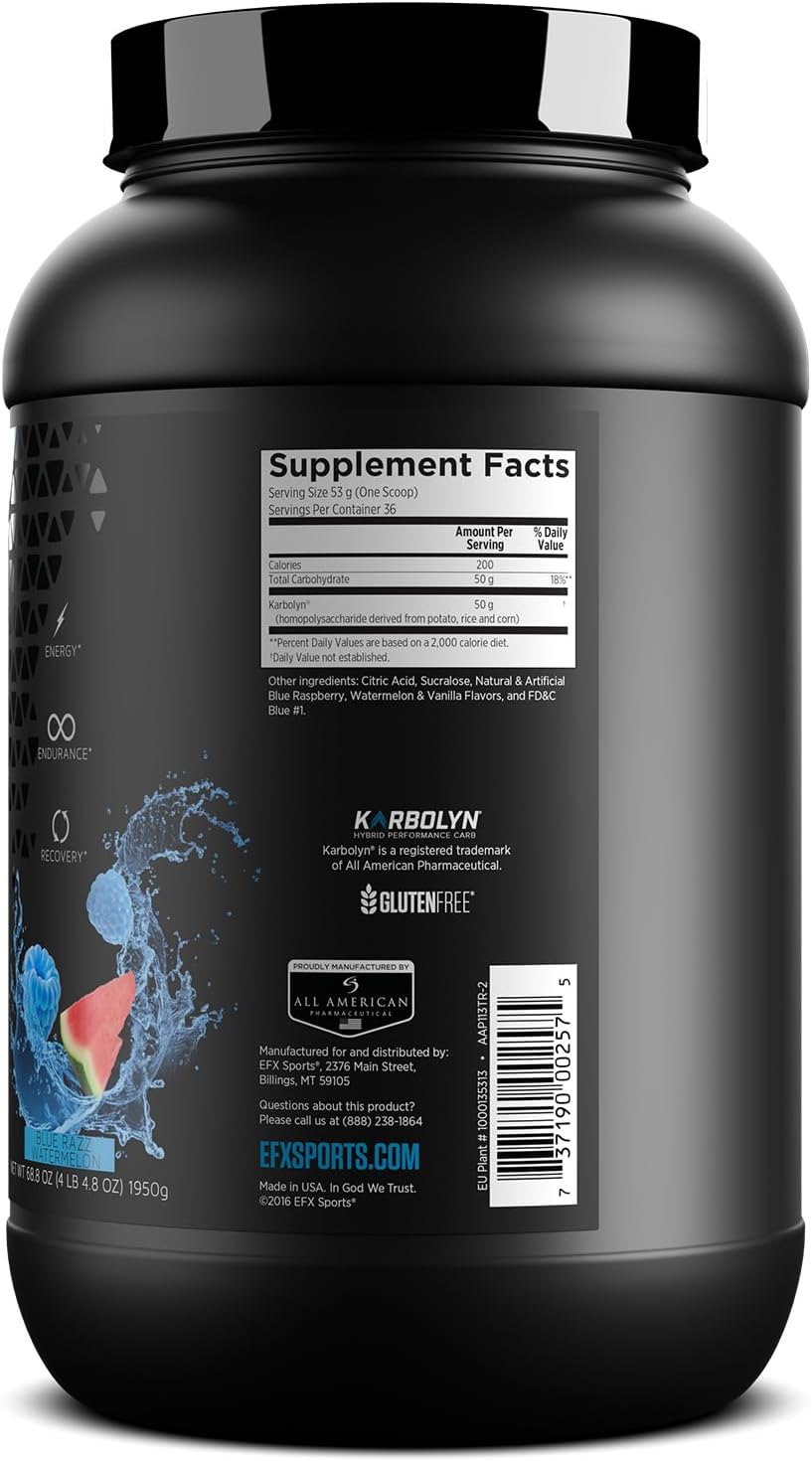 EFX Sports Karbolyn Fuel Powder - Blue Razz Watermelon Flavor | Rapid Carb Absorption for Energy & Recovery | 36 Servings