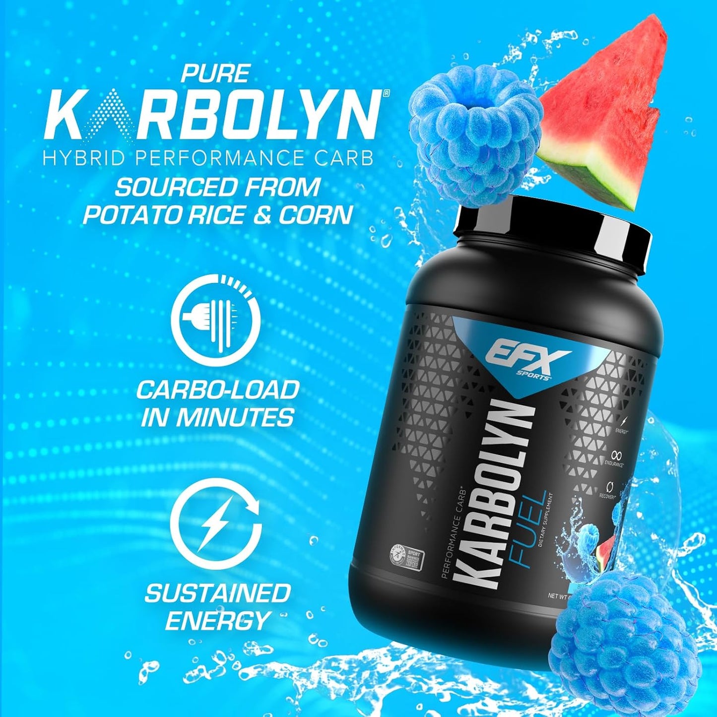 EFX Sports Karbolyn Fuel Powder - Blue Razz Watermelon Flavor | Rapid Carb Absorption for Energy & Recovery | 36 Servings