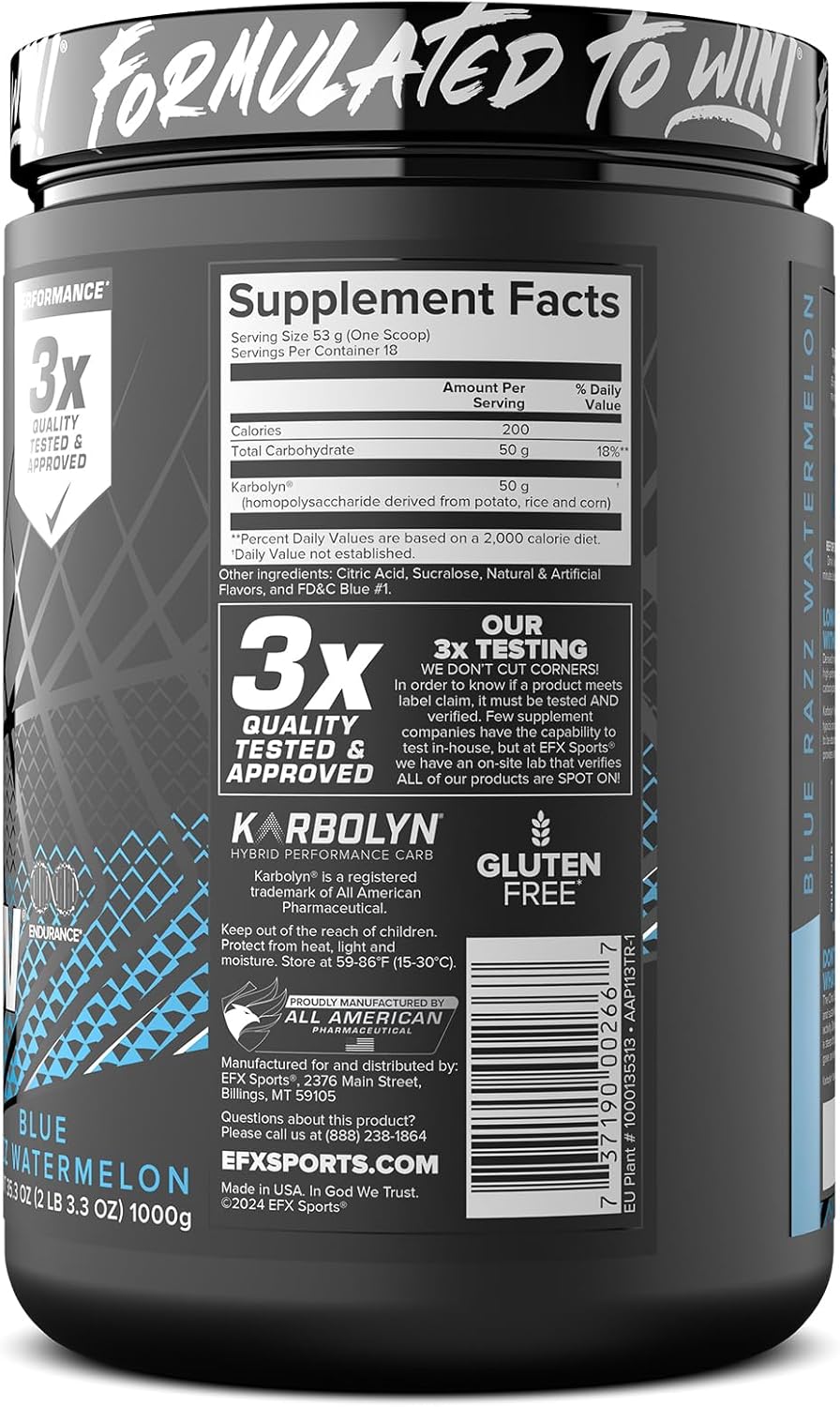 EFX Sports Karbolyn Fuel Powder | Fast-Absorbing Carbohydrates for Carb Loading and Energy | Stimulant-Free Recovery | Blue Razz Watermelon Flavor | 18 Servings
