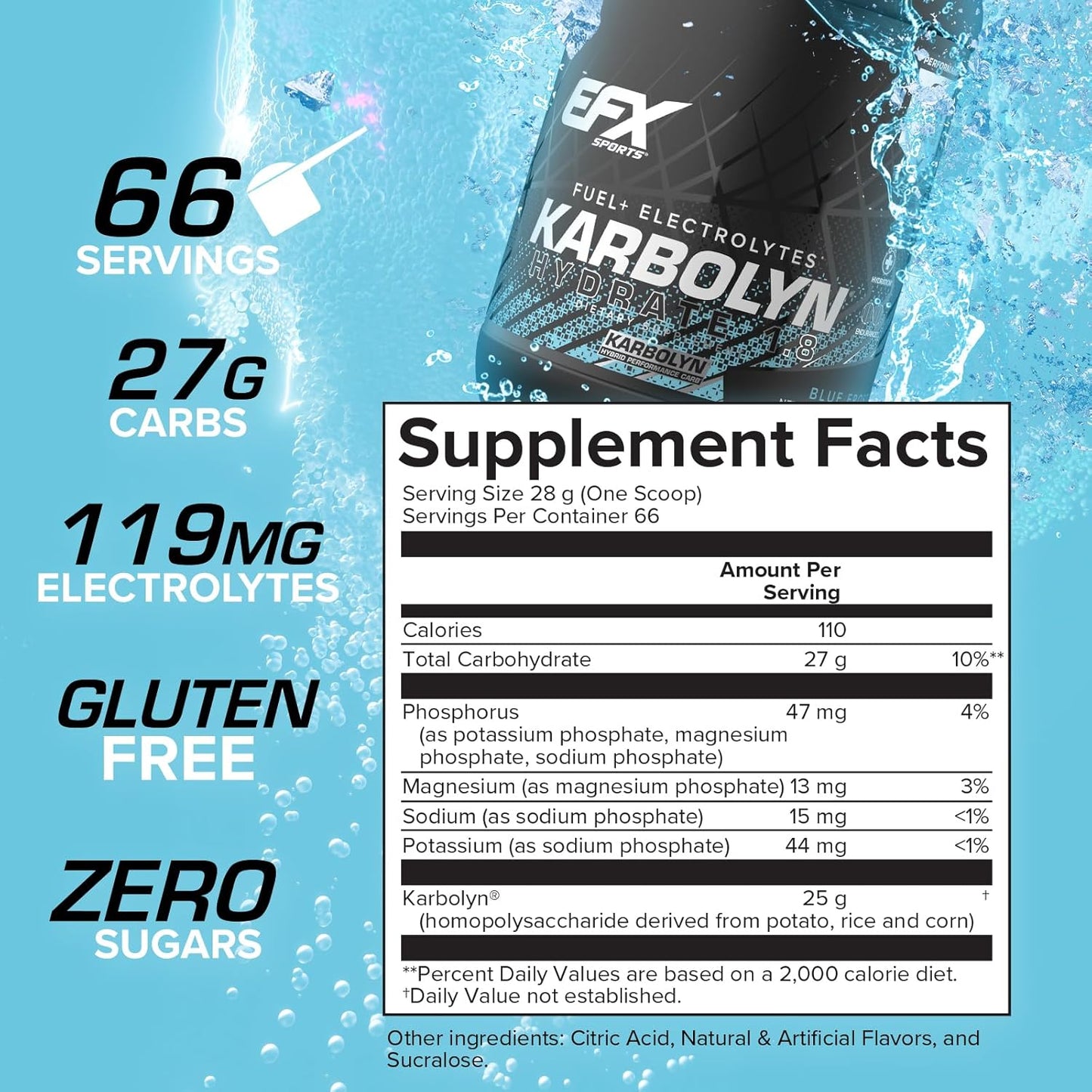 EFX Sports Karbolyn Hydrate Blue Frost - Carbohydrate Powder with Electrolytes for Fuel & Hydration - Stimulant Free Sports Drink Mix, Sugar Free - 66 Servings - BoostGo Australia