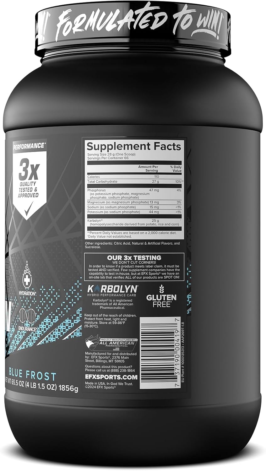 EFX Sports Karbolyn Hydrate Blue Frost - Carbohydrate Powder with Electrolytes for Fuel & Hydration - Stimulant Free Sports Drink Mix, Sugar Free - 66 Servings - BoostGo Australia