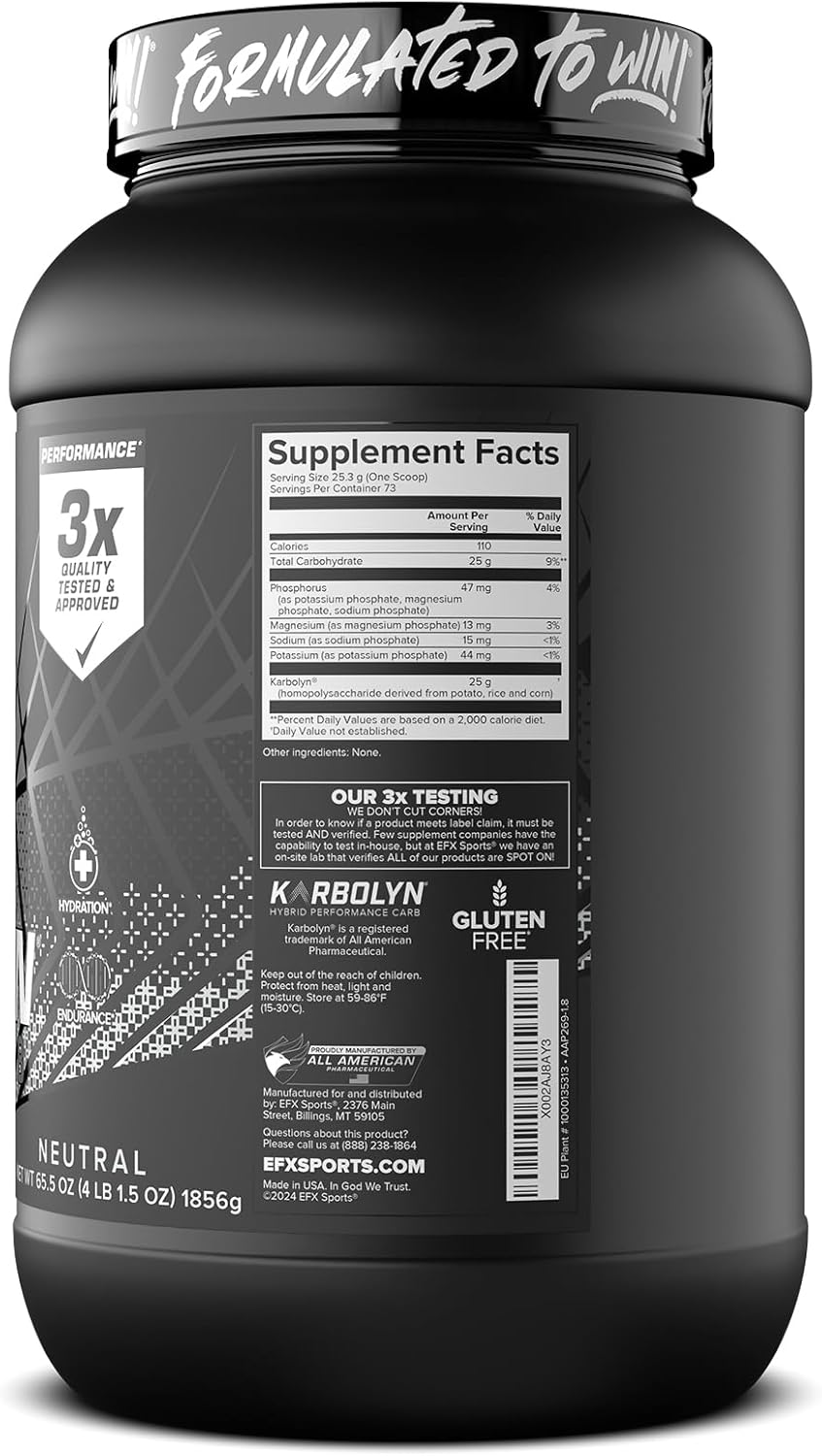 EFX Sports Karbolyn Hydrate: Electrolyte-Enhanced Carbohydrate Powder for Fuel and Hydration, Sugar-Free Sports Drink Mix, 66 Servings