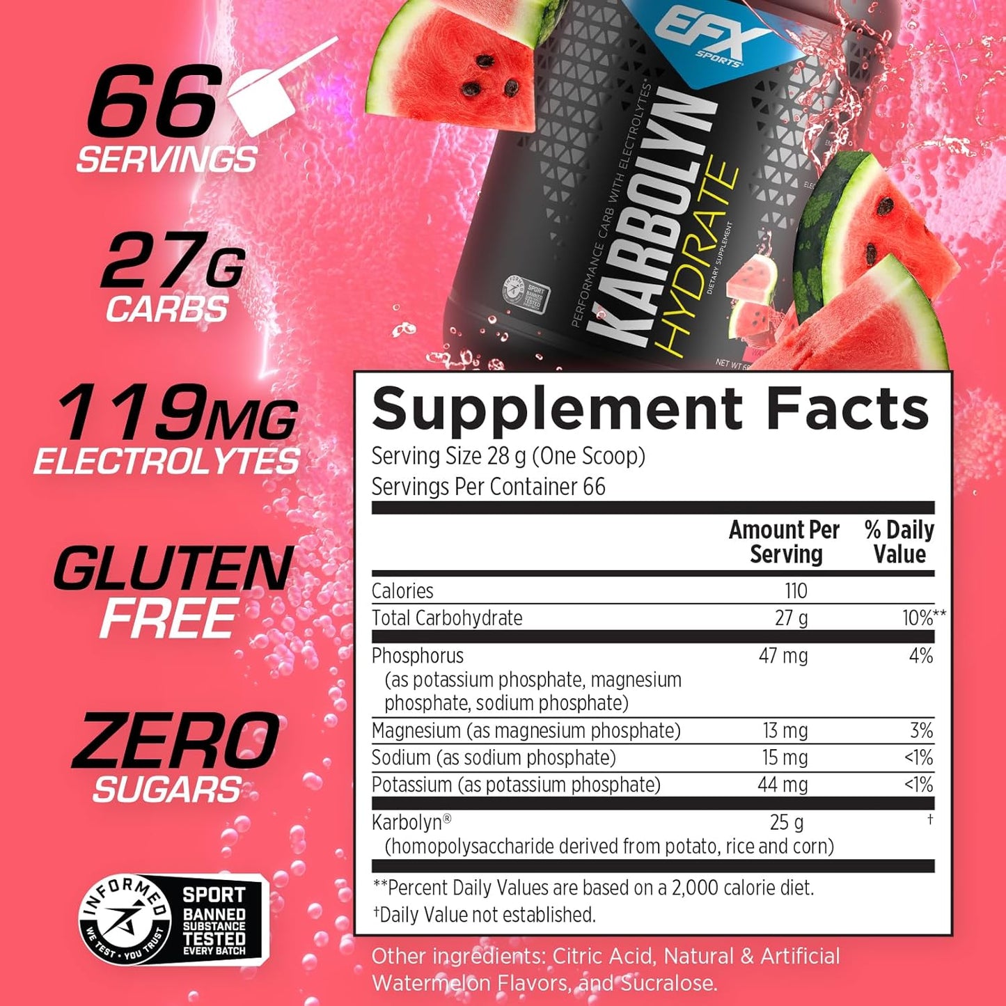 EFX Sports Karbolyn Hydrate Watermelon Wave - Sugar-Free Carbohydrate Powder with Electrolytes for Fuel & Hydration - 66 Servings - BoostGo Australia