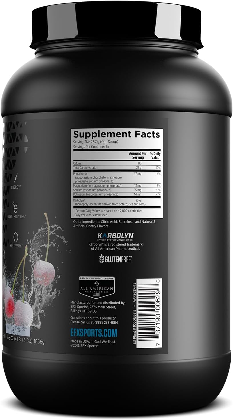 EFX Sports Karbolyn Hydrate White Cherry Frost - Carbohydrate Powder with Electrolytes for Fuel & Hydration, Sugar-Free Drink Mix (66 Servings)