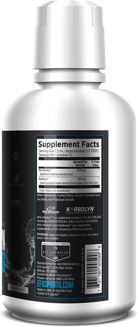EFX Sports Kre-Alkalyn Creatine Liquid Concentrate - PH-Correct Monohydrate Formula for Muscle Gain & Performance Enhancement (63 Servings, Unflavored)
