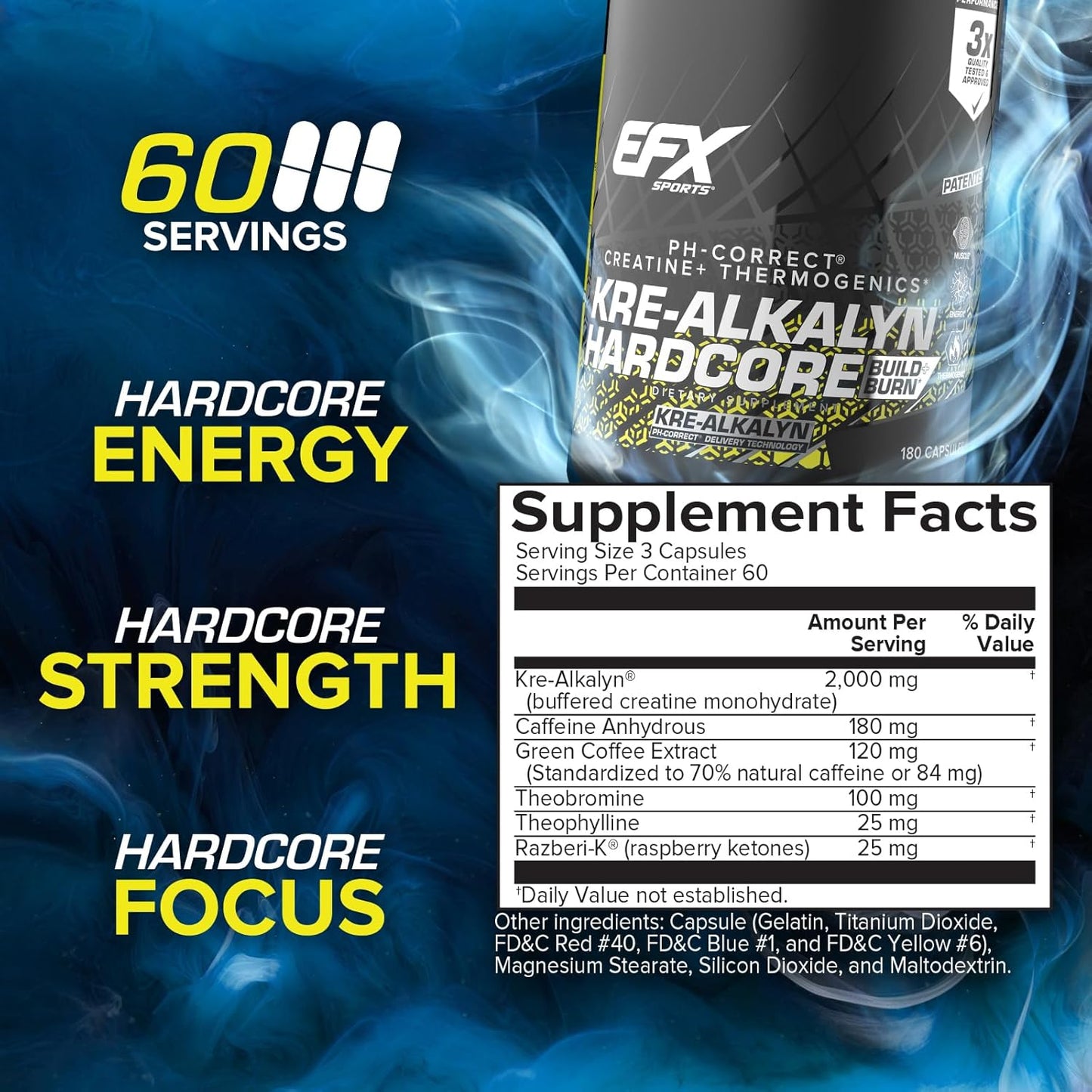 EFX Sports Kre-Alkalyn Hardcore: Thermogenic Creatine Monohydrate Pill for Energy & Strength | Pre Workout Supplement, 60 Servings