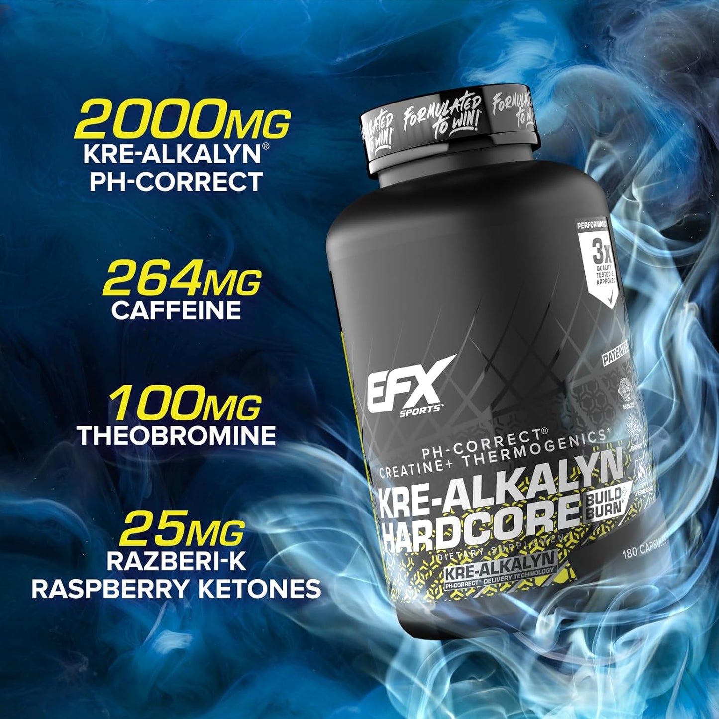 EFX Sports Kre-Alkalyn Hardcore: Thermogenic Creatine Monohydrate Pill for Energy & Strength | Pre Workout Supplement, 60 Servings