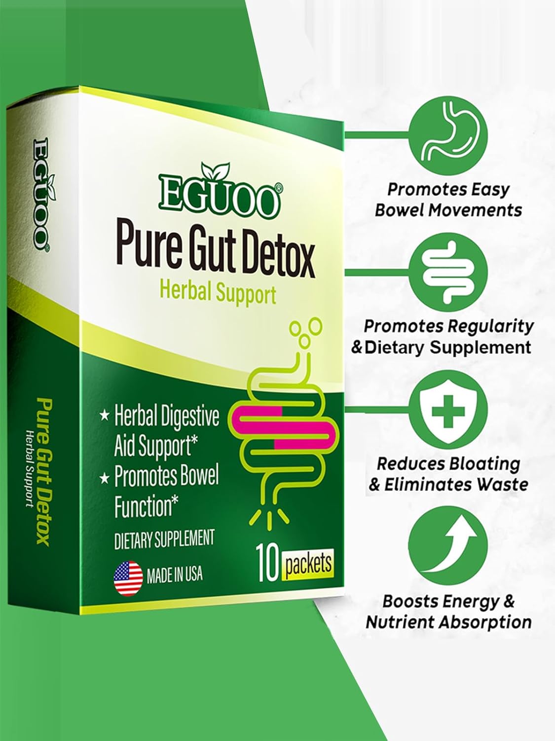 EGUOO Pure Gut Detox Cleanse Powder for Men and Women - Relief from Bloating and Constipation with Senna, Cascara Sagrada, Digestive Enzymes, Probiotic Blend, and Prebiotic