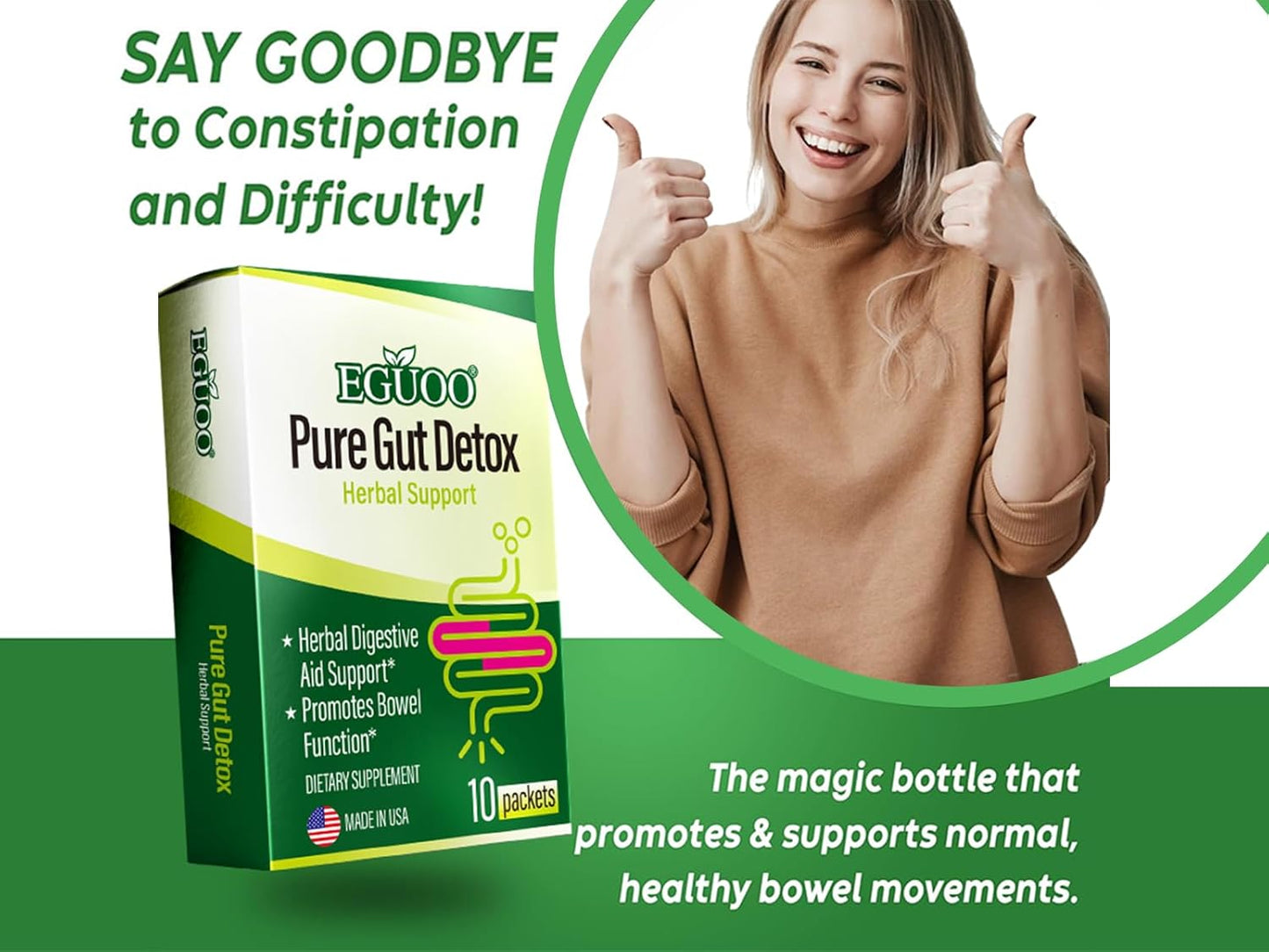 EGUOO Pure Gut Detox Cleanse Powder for Men and Women - Relief from Bloating and Constipation with Senna, Cascara Sagrada, Digestive Enzymes, Probiotic Blend, and Prebiotic