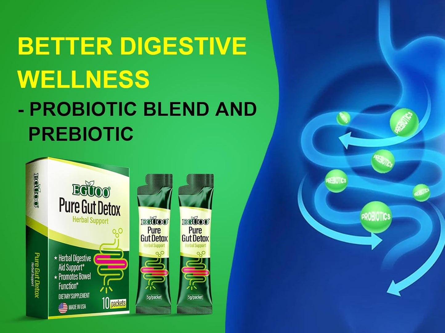 EGUOO Pure Gut Detox Cleanse Powder for Men and Women - Relief from Bloating and Constipation with Senna, Cascara Sagrada, Digestive Enzymes, Probiotic Blend, and Prebiotic