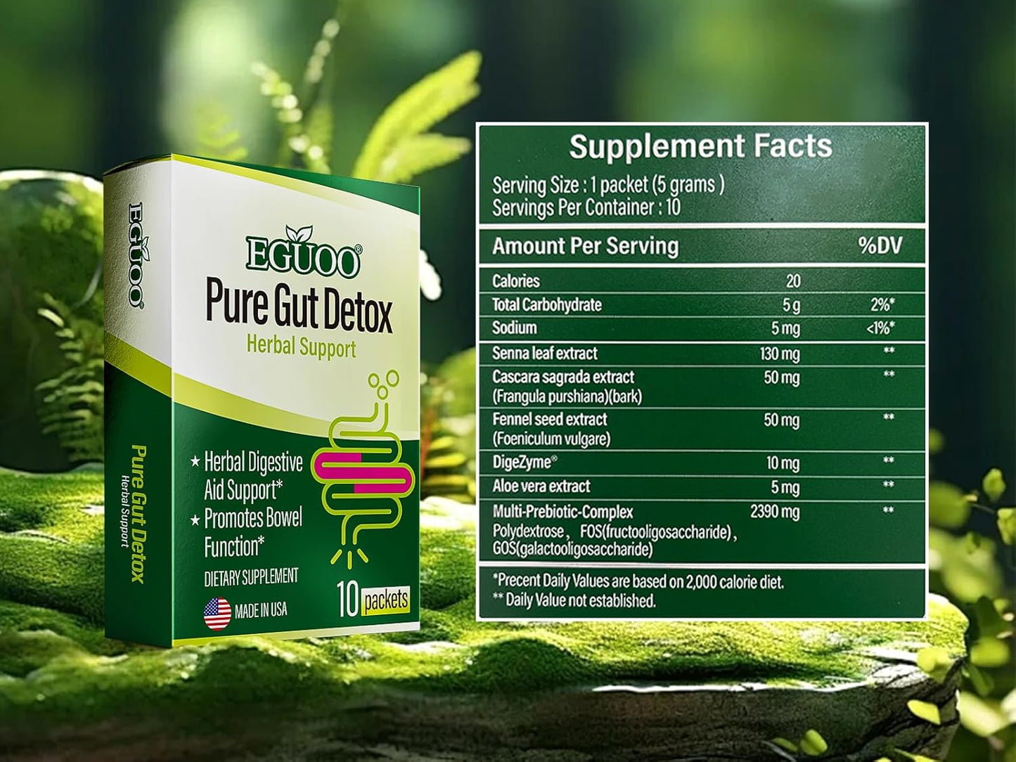EGUOO Pure Gut Detox Cleanse Powder for Men and Women - Relief from Bloating and Constipation with Senna, Cascara Sagrada, Digestive Enzymes, Probiotic Blend, and Prebiotic