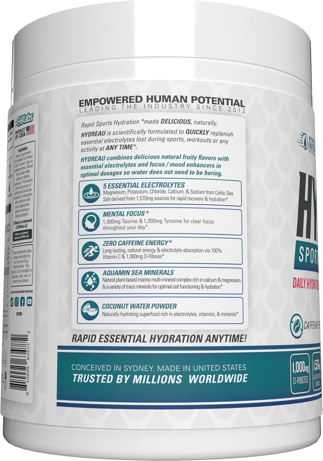 EHP Labs Hydreau Electrolytes Powder - Sugar-Free Hydration for Endurance - Fijian Pineapple Flavor - Men and Women - 40 Servings