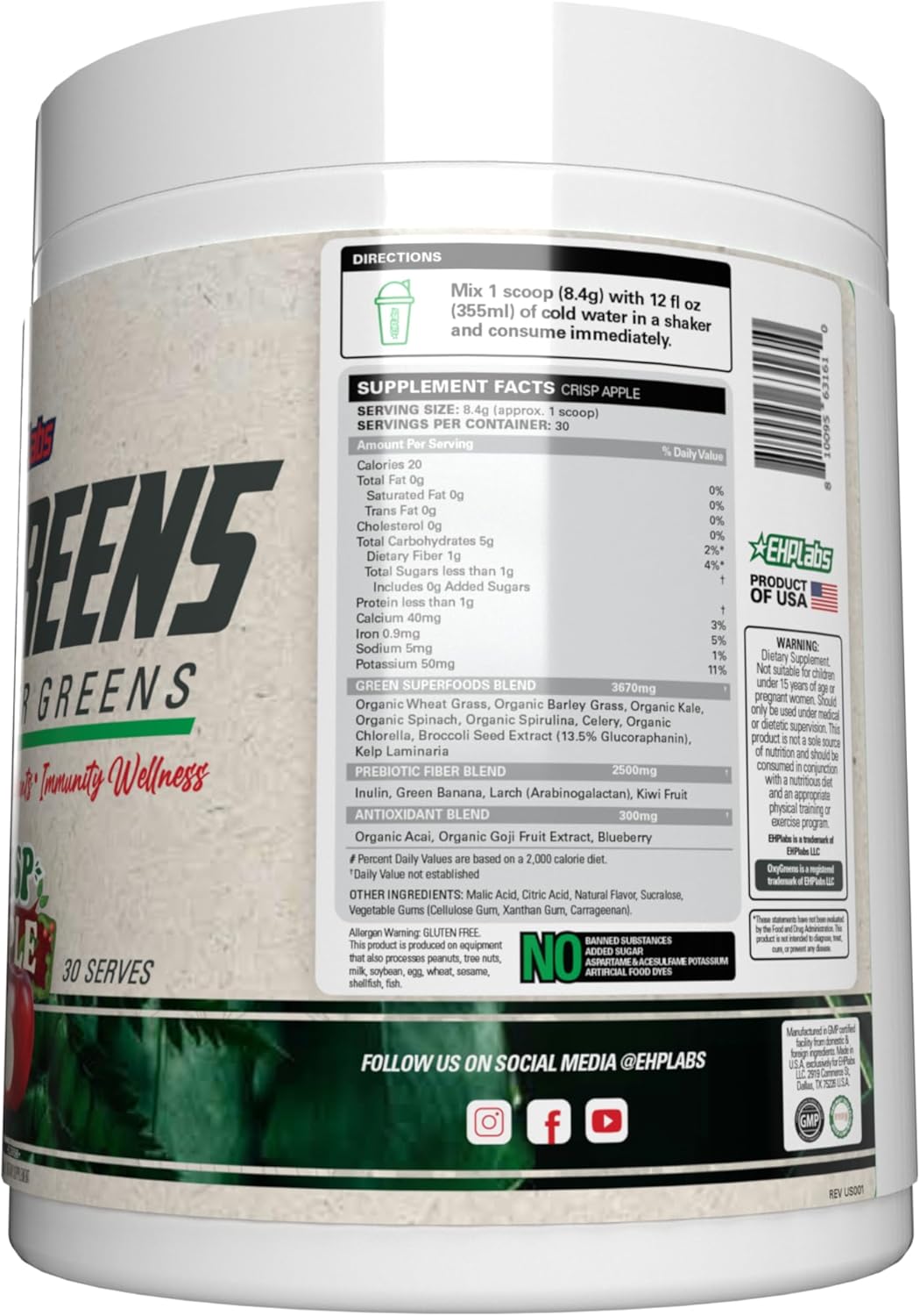 EHP Labs OxyGreens Super Greens Powder - Spirulina & Chlorella Superfood with Prebiotic Fibre, Antioxidants & Immunity Support - 30 Servings