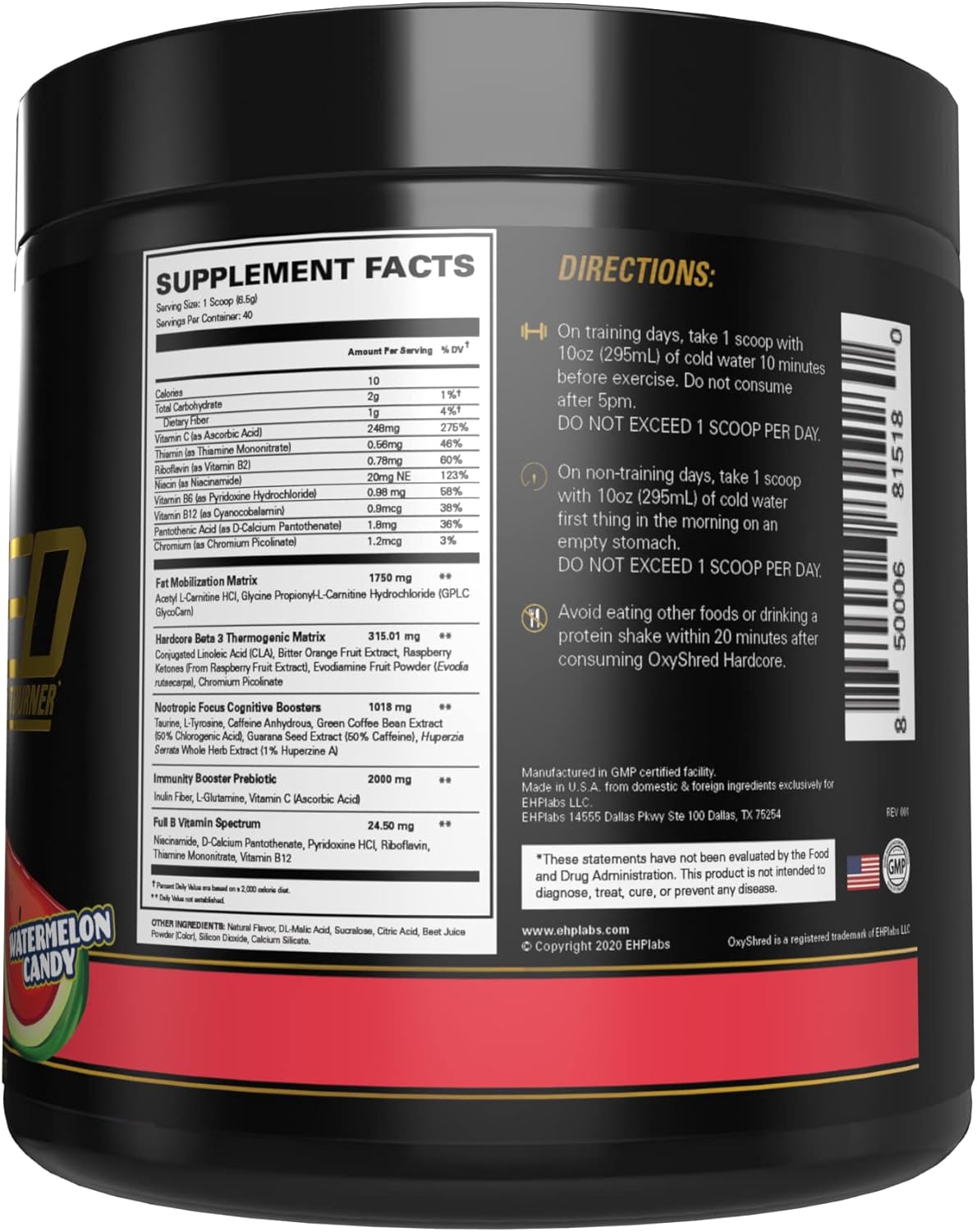 EHP Labs OxyShred Hardcore Pre Workout Powder - Energy Boost Drink with L Glutamine & Acetyl L Carnitine - Watermelon Candy Flavor - 40 Servings