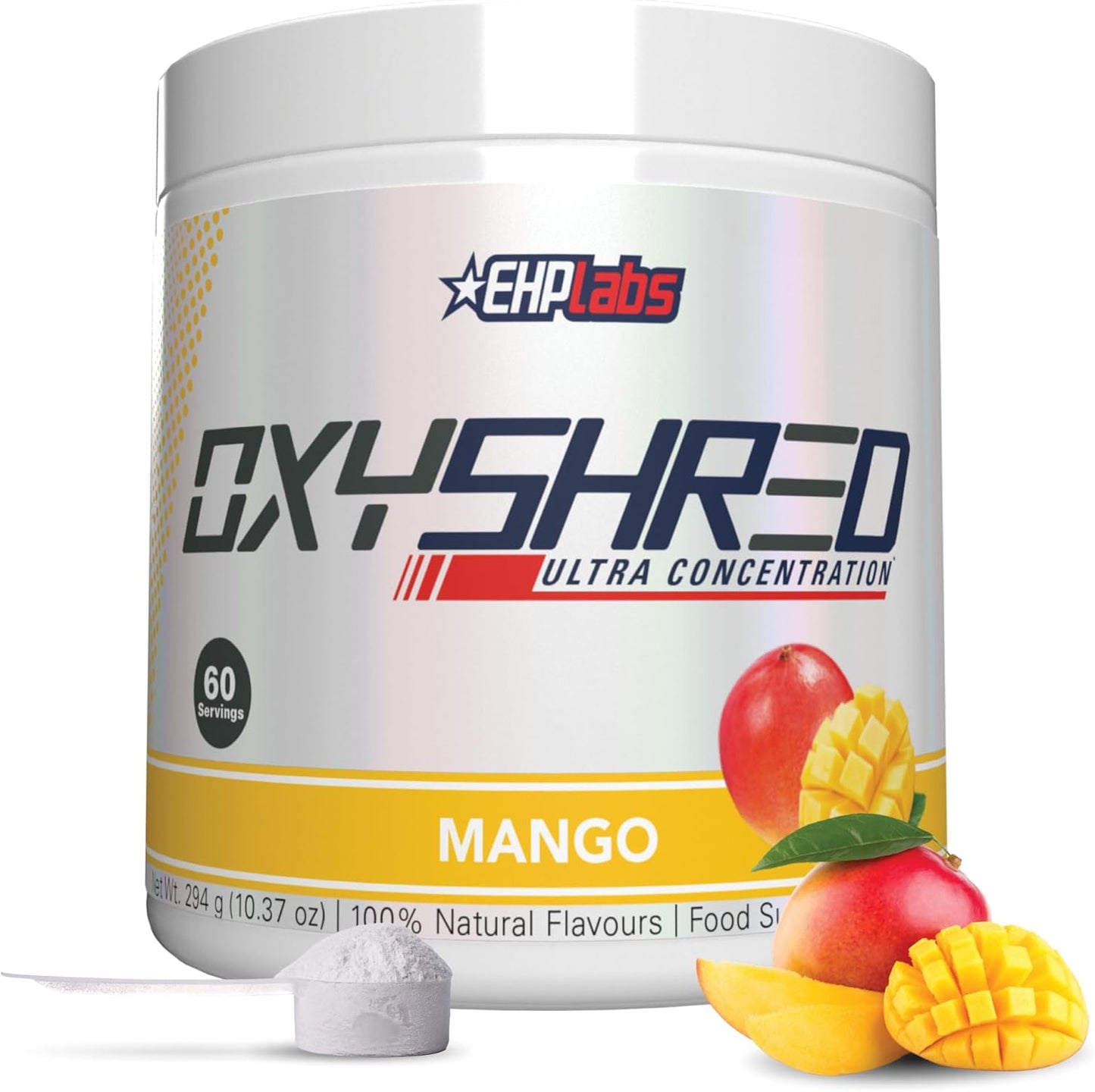 EHP Labs OxyShred Mango Preworkout Powder - Energy Boost Drink with L Glutamine & Acetyl L Carnitine, 60 Servings