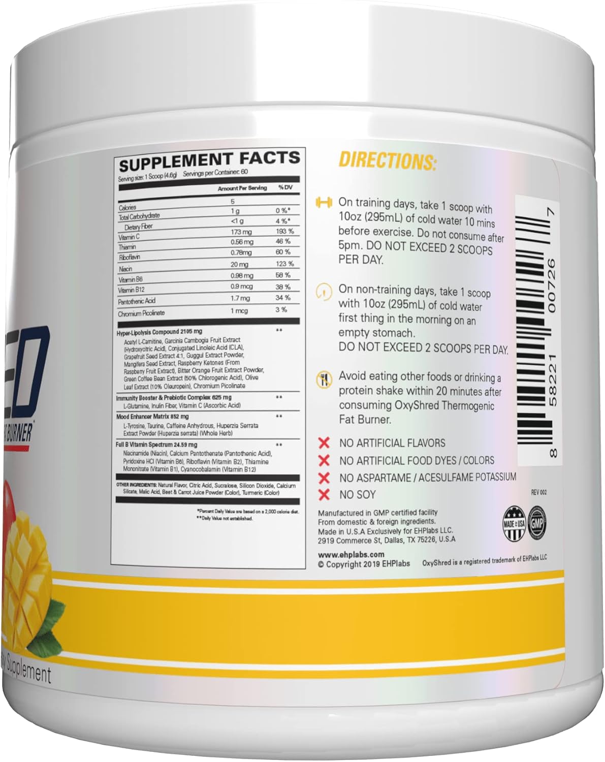 EHP Labs OxyShred Mango Preworkout Powder - Energy Boost Drink with L Glutamine & Acetyl L Carnitine, 60 Servings
