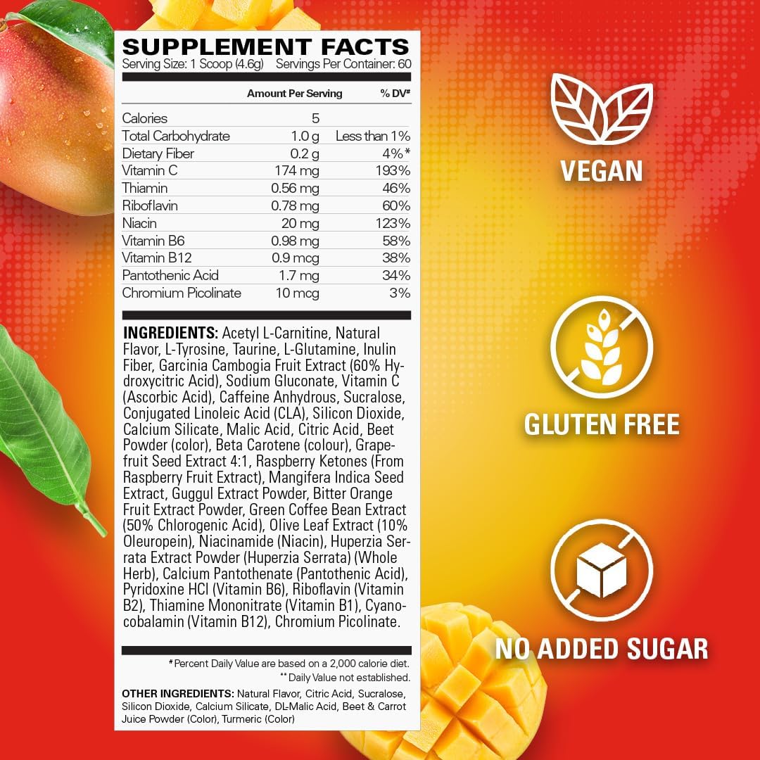 EHP Labs OxyShred Mango Preworkout Powder - Energy Boost Drink with L Glutamine & Acetyl L Carnitine, 60 Servings