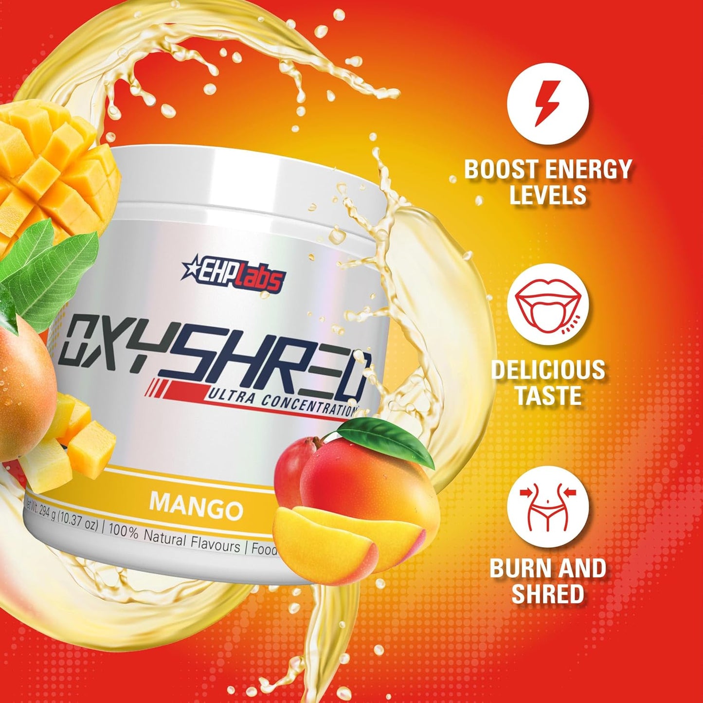 EHP Labs OxyShred Mango Preworkout Powder - Energy Boost Drink with L Glutamine & Acetyl L Carnitine, 60 Servings