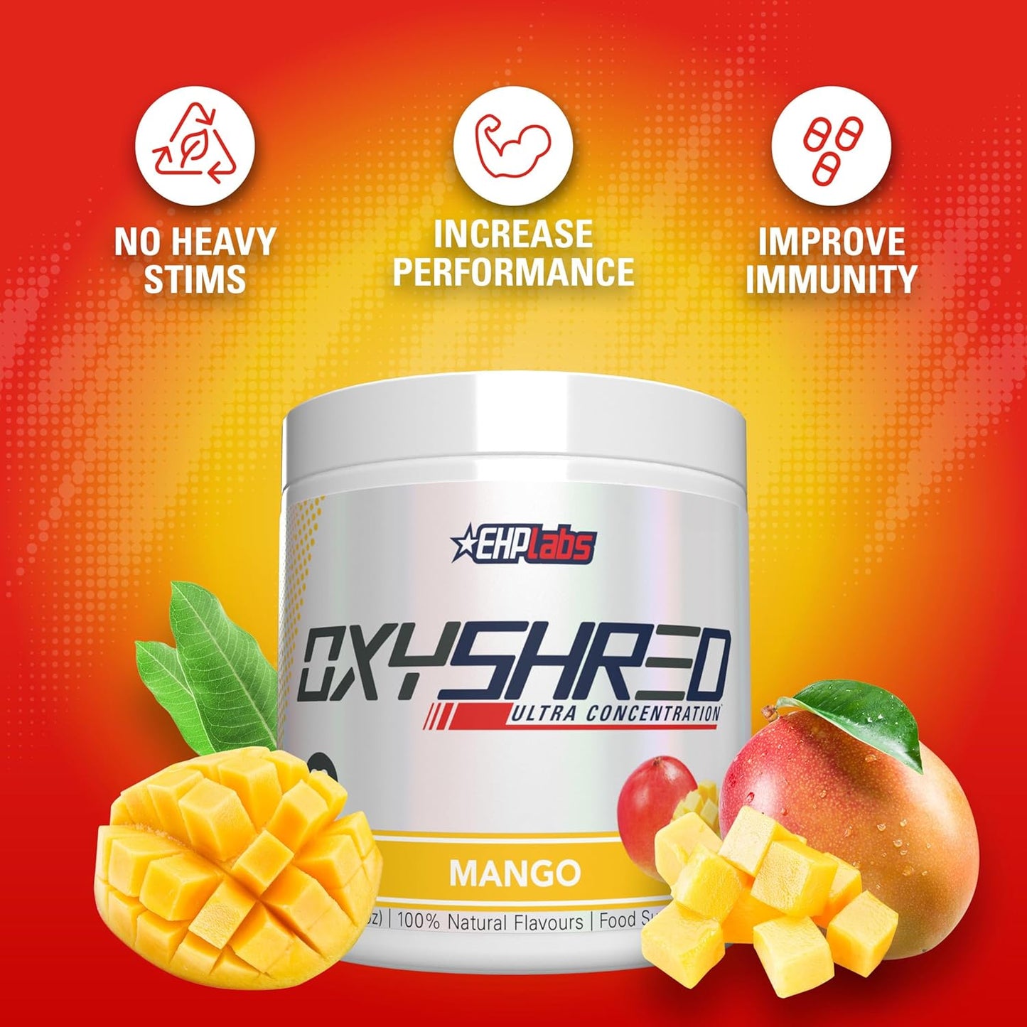 EHP Labs OxyShred Mango Preworkout Powder - Energy Boost Drink with L Glutamine & Acetyl L Carnitine, 60 Servings